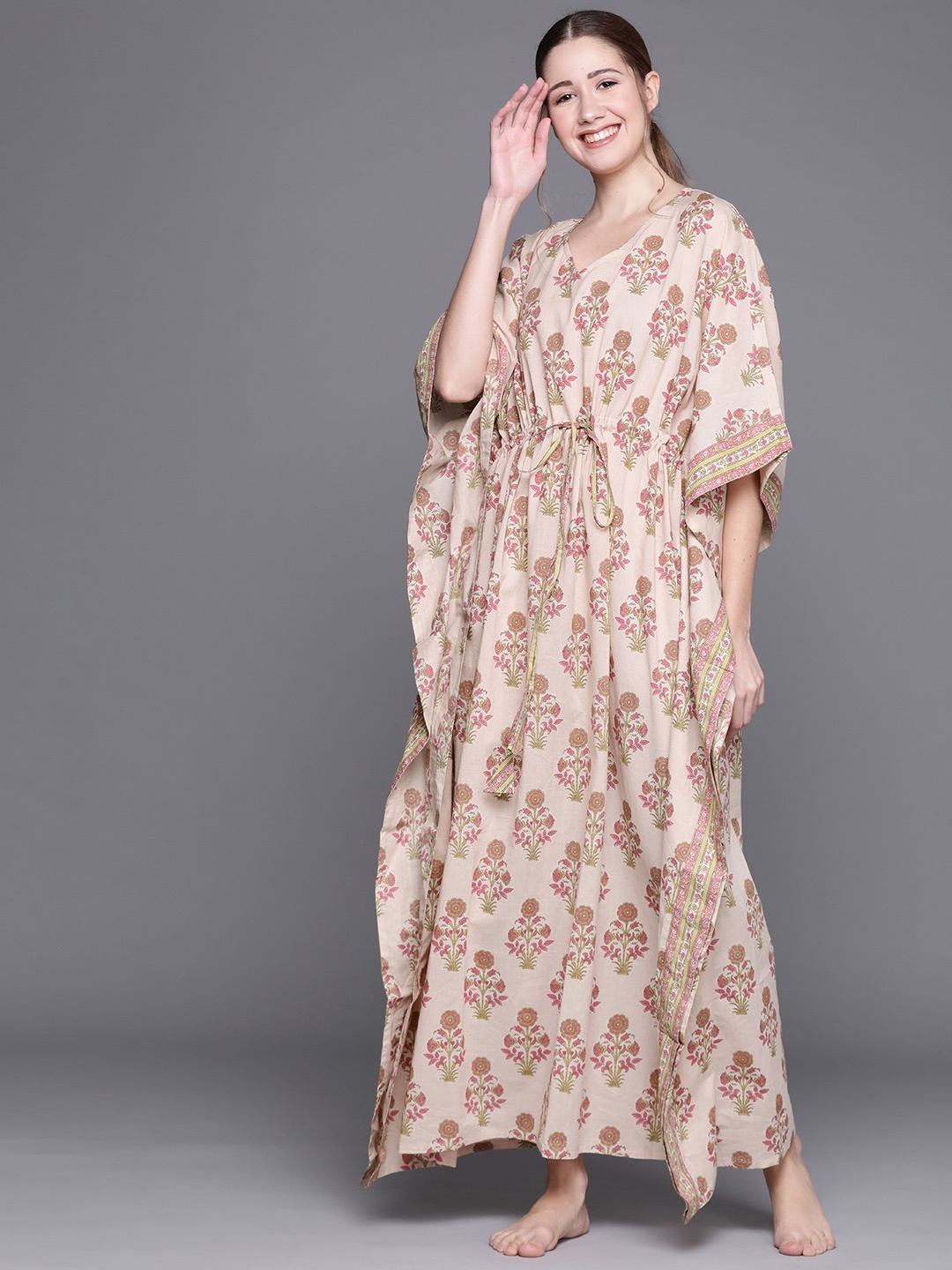 

Libas Beige Cotton Printed Kaftan Night Dress, Multi