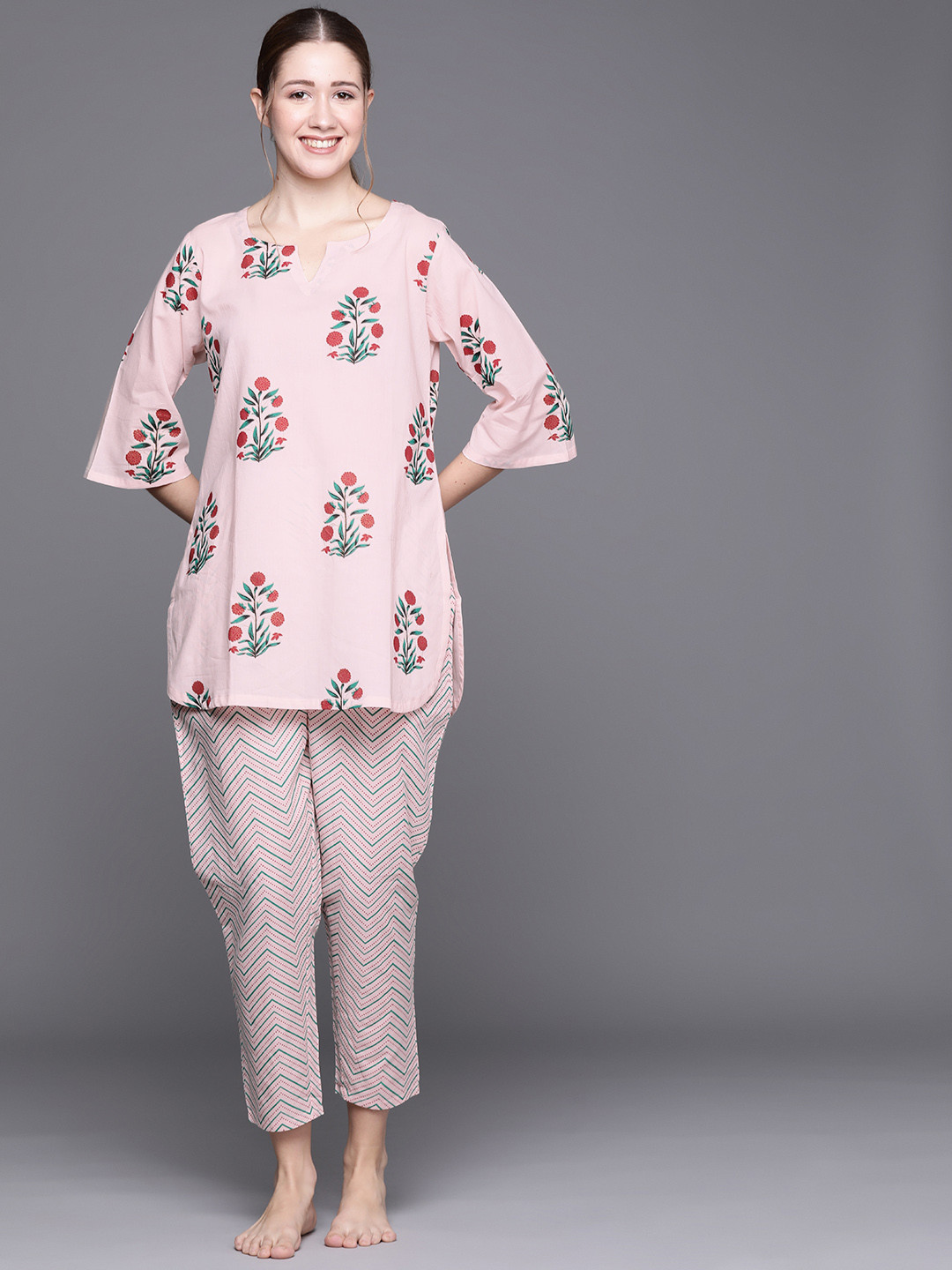 

Libas Pink Cotton Printed Pathani Kurti And Pink Cotton Printed Pyjamas