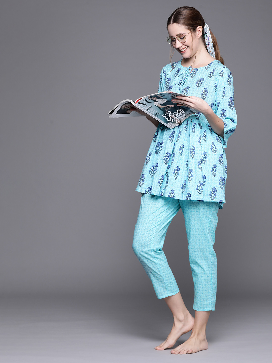 

Libas Blue Cotton Printed Night Kurti With Blue Cotton Printed Pyjamas