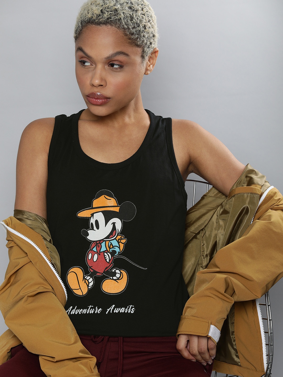 

Kook N Keech Disney Women Black Mickey Mouse Printed Racerback Pure Cotton T-shirt