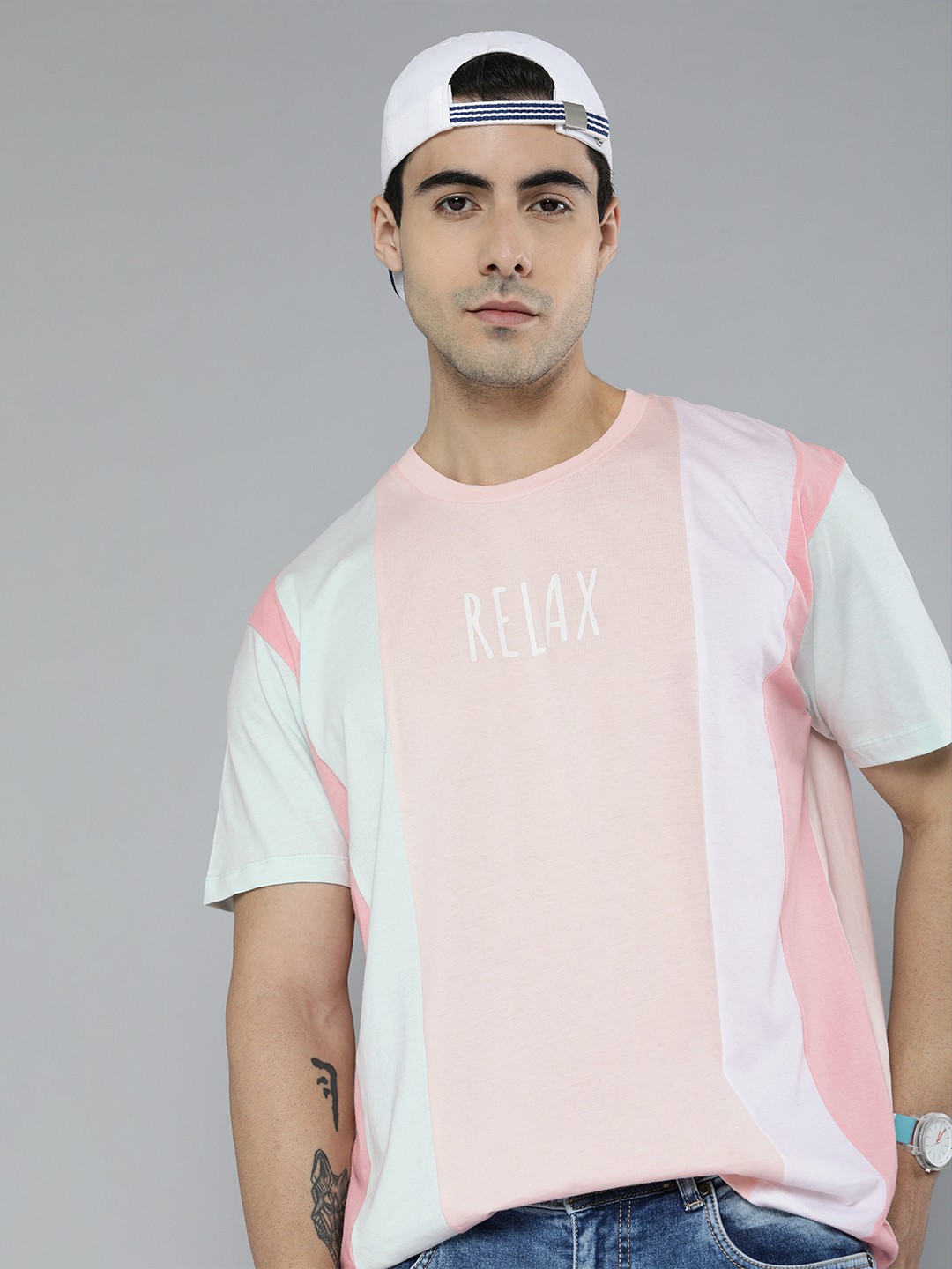

Kook N Keech Men Peach-Coloured & Pink Colourblocked Pure Cotton T-shirt