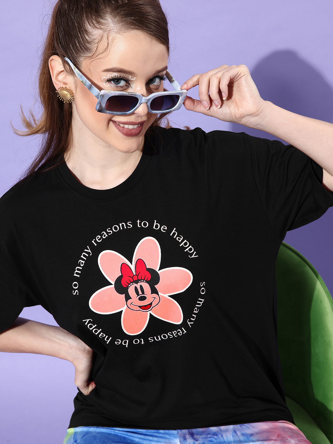 

Kook N Keech Disney Women Classic Black Graphic Joyful Conversation T-Shirt