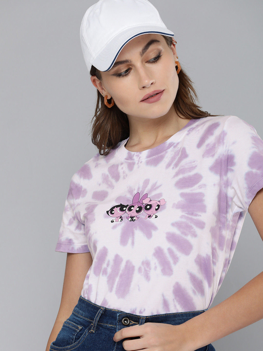 

Powerpuff Girls by Kook N Keech Women Violet & White Tie and Dye Printed Pure Cotton T-shirt