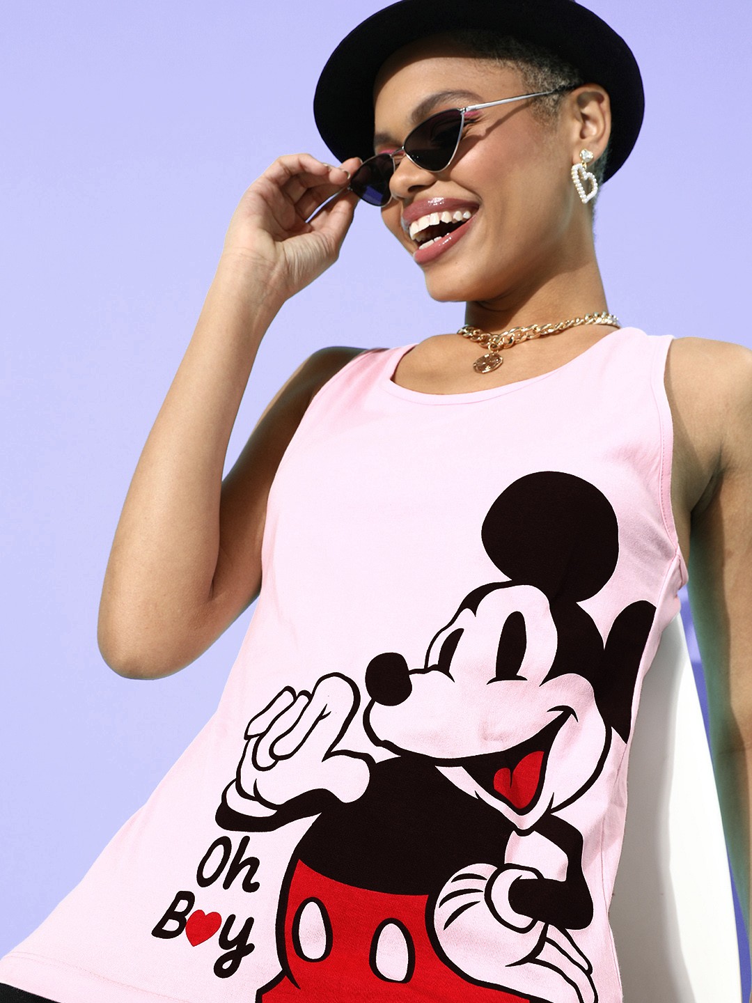 

Kook N Keech Disney Women Pink & Black Mickey Mouse Printed T-shirt