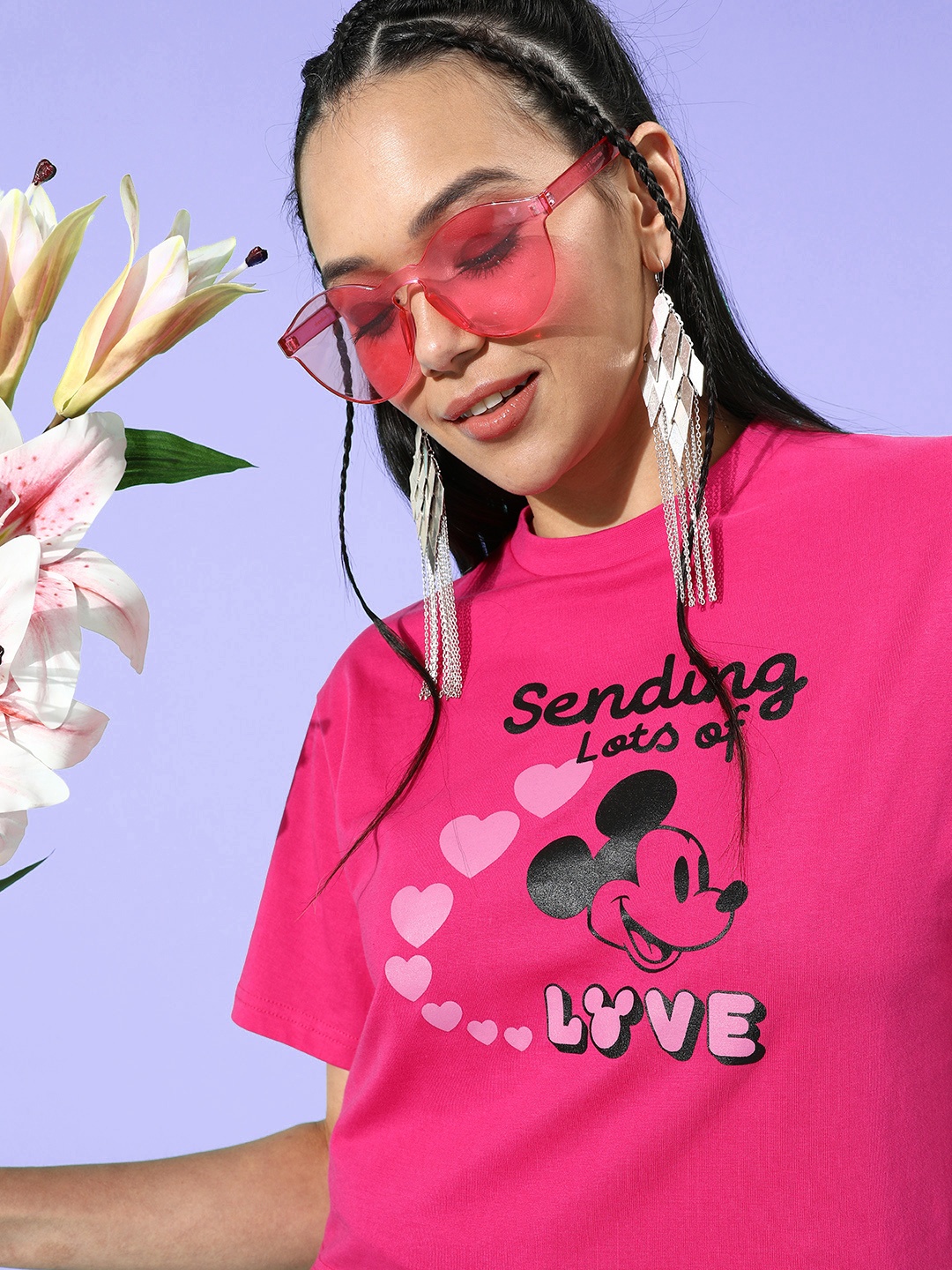 

Kook N Keech Disney Valentine Pink & Black Mickey Mouse Printed Boxy Crop T-shirt