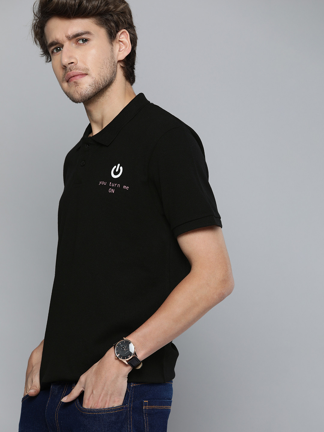 

Kook N Keech Valentine Men Black Typography Printed Polo Collar Pure Cotton T-shirt