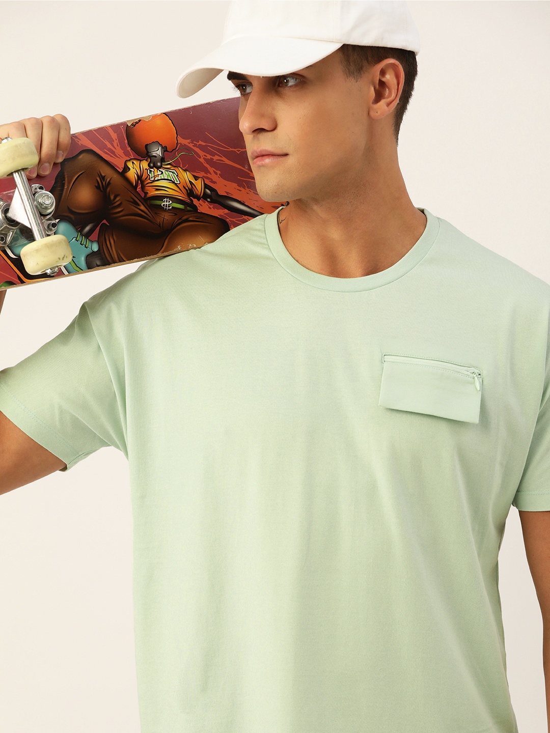 

Kook N Keech Men Sage Green Extended Sleeves Pure Cotton T-shirt with Pocket Detailing