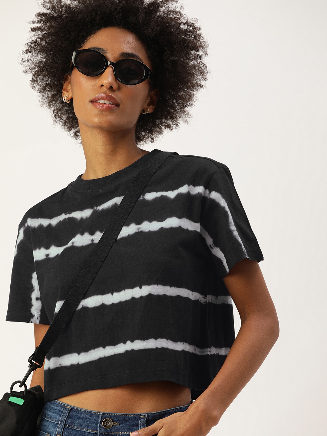 

Kook N Keech Women Black & White Boxy Crop Dyed Pure Cotton T-shirt