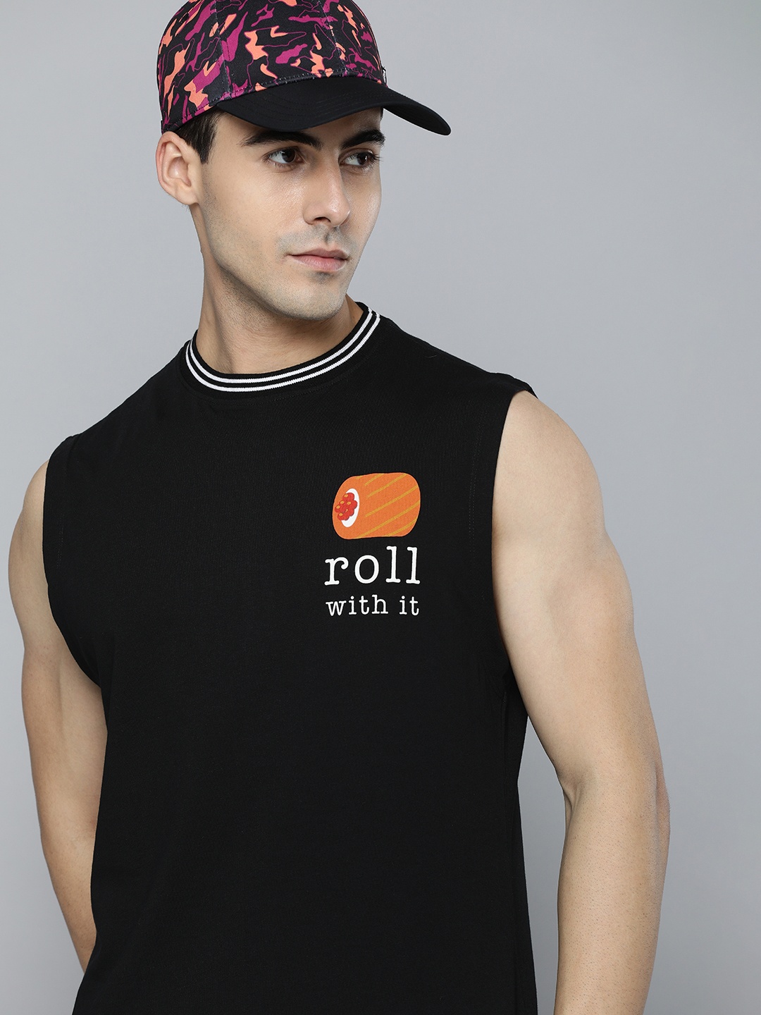 

Kook N Keech Men Black Graphic Printed Pure Cotton Sleeveless T-shirt