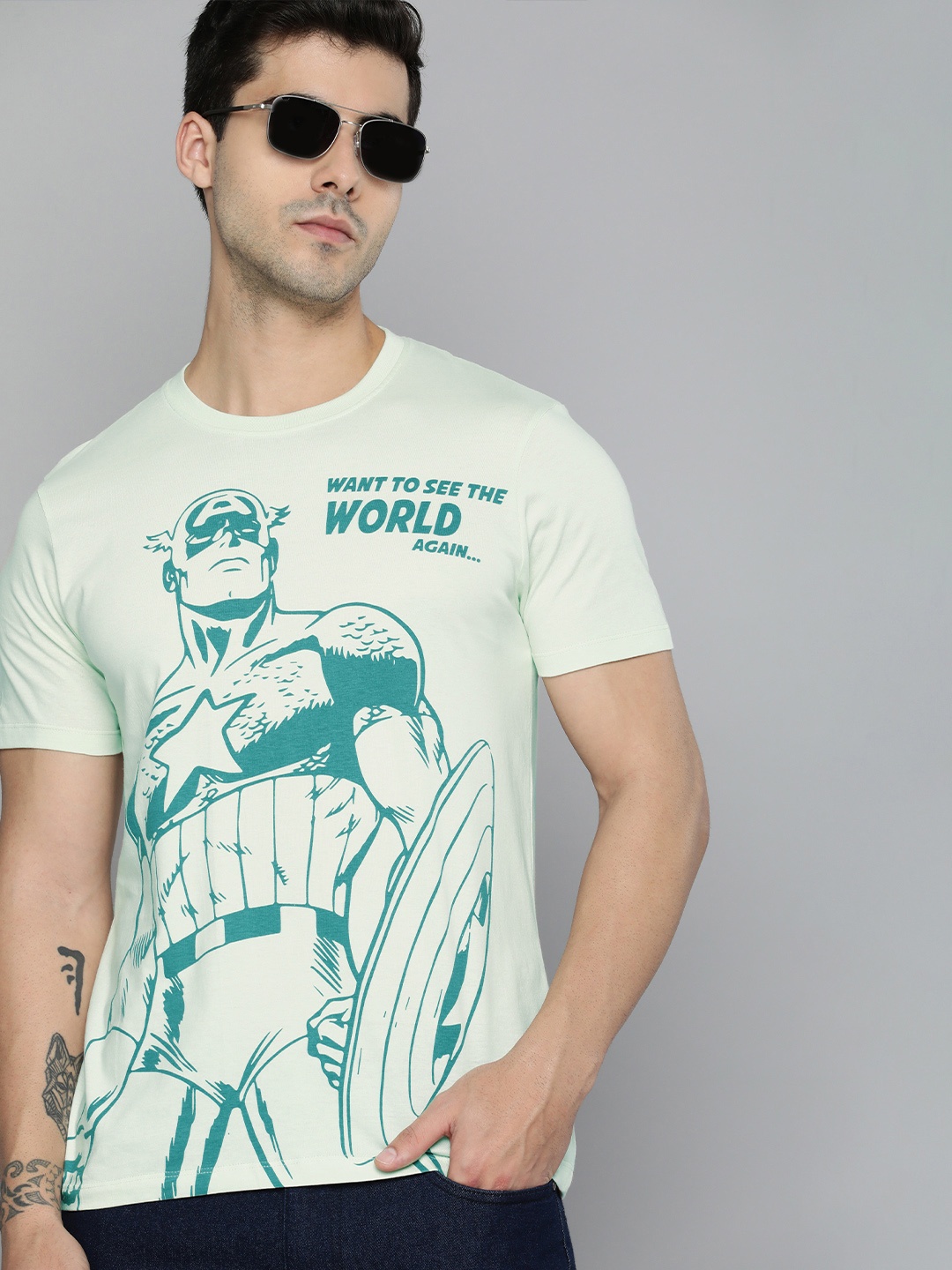 

Kook N Keech Marvel Men Mint Green Captain America Printed Pure Cotton T-shirt