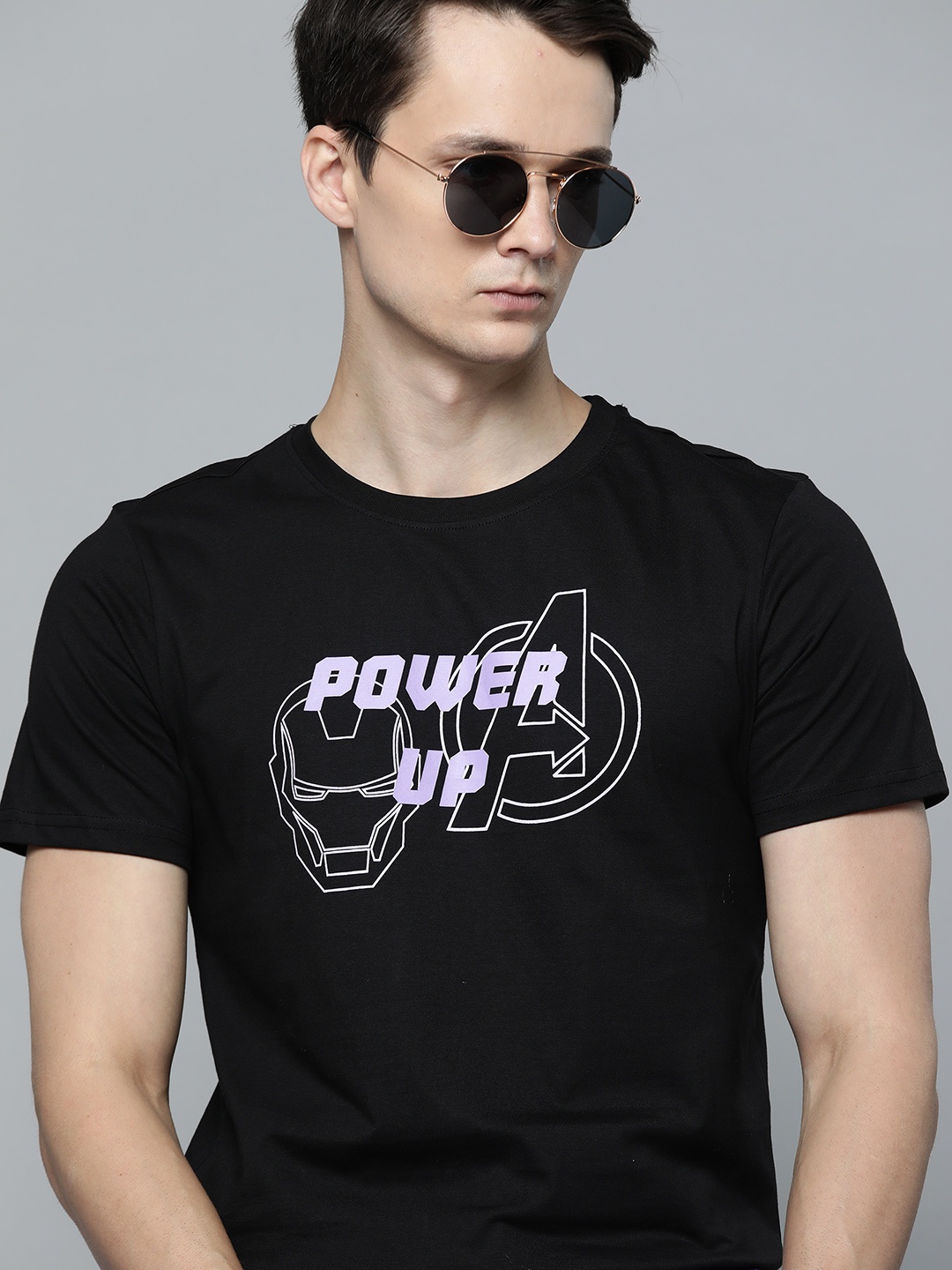 

Kook N Keech Marvel Men Black & Purple Typography Printed Pure Cotton T-shirt