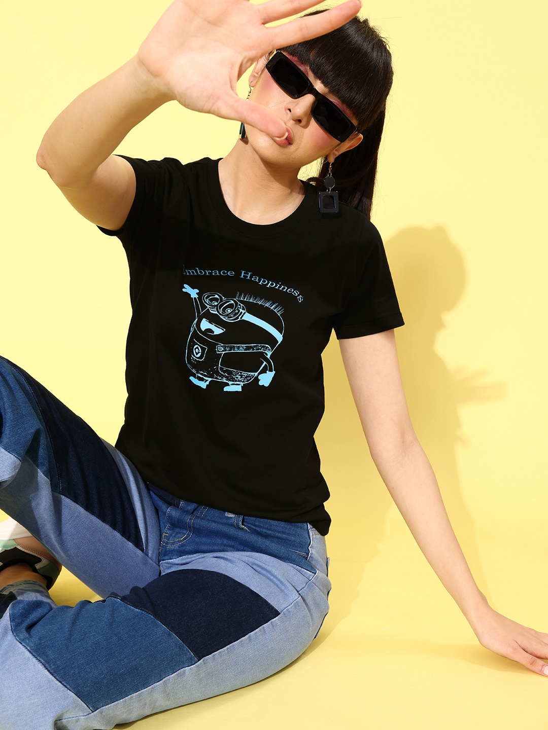 

Minions By Kook N Keech Women Classic Black Graphic Joyful Conversation T-shirt