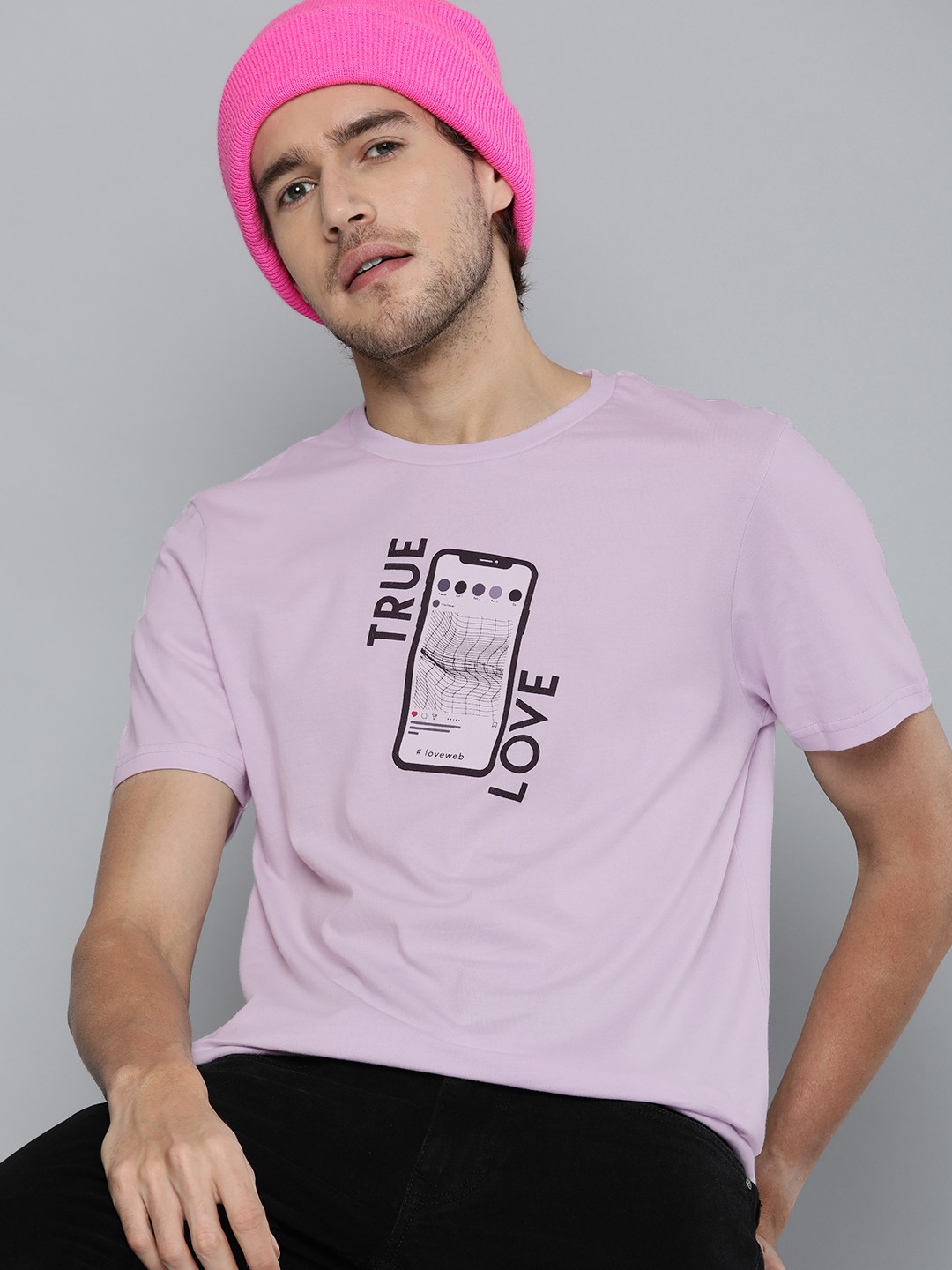 

Kook N Keech Valentine Men Lavender Typography Printed Pure Cotton T-shirt