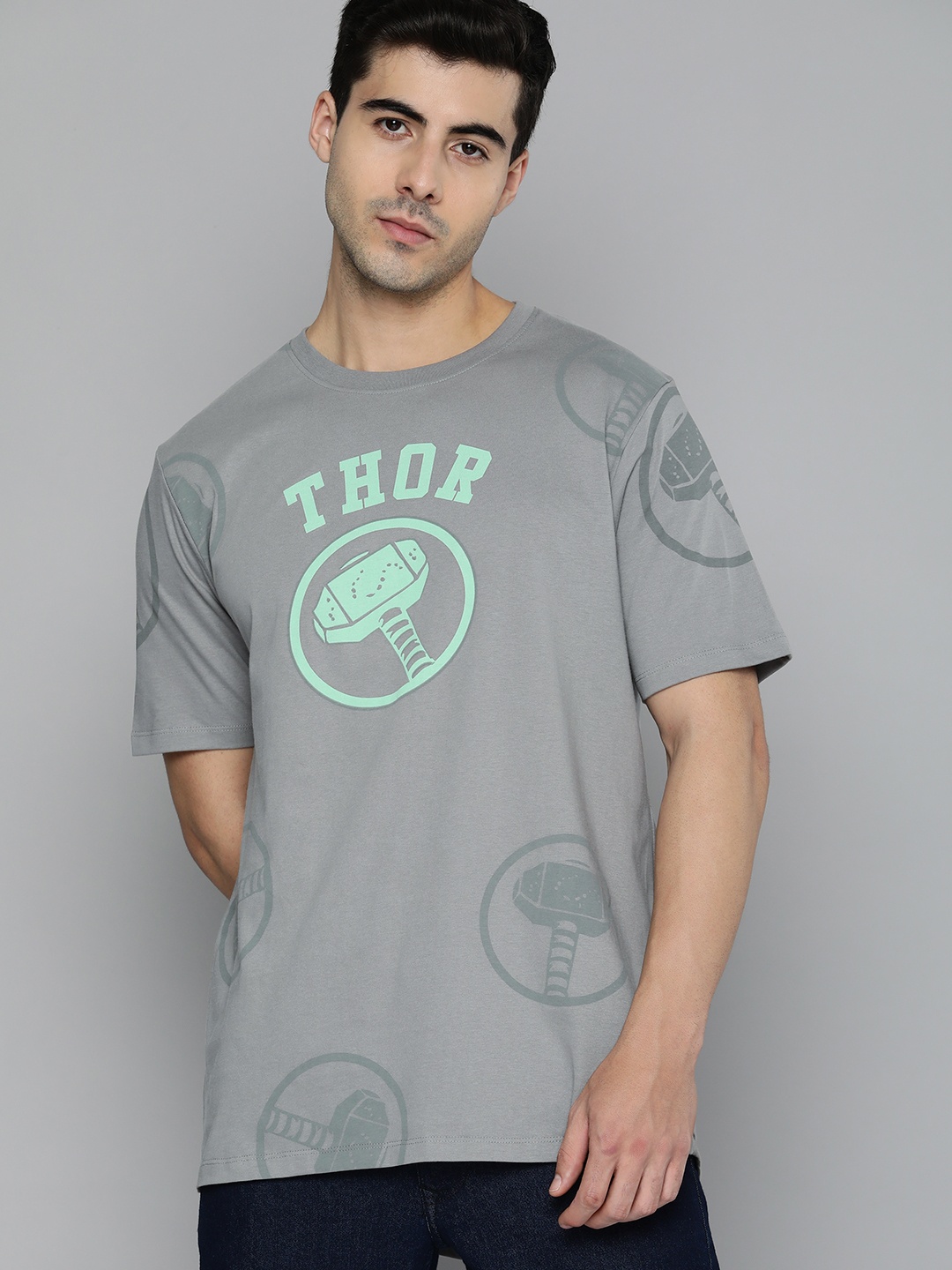 

Kook N Keech Marvel Men Grey & Green Thor Hammer Printed Pure Cotton T-shirt