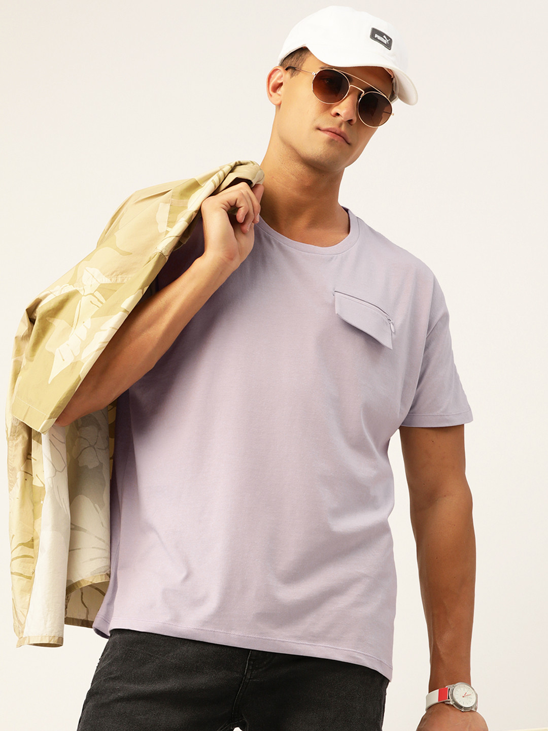 

Kook N Keech Men Lavender Extended Sleeves Pure Cotton T-shirt with Pocket Detailing