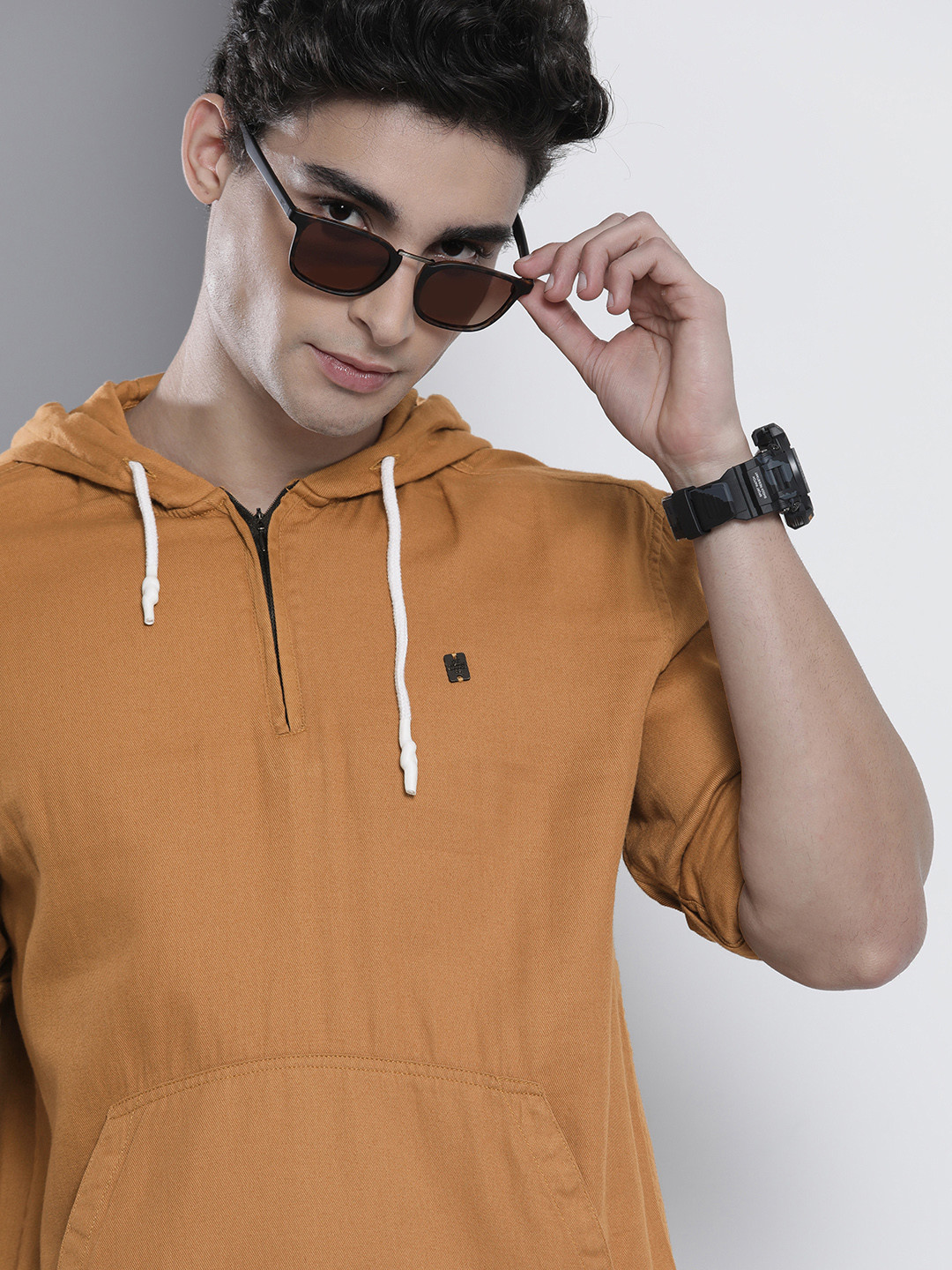 

The Indian Garage Co Men Khaki Solid Pure Cotton Hooded Sweatshirt-Style Shirt