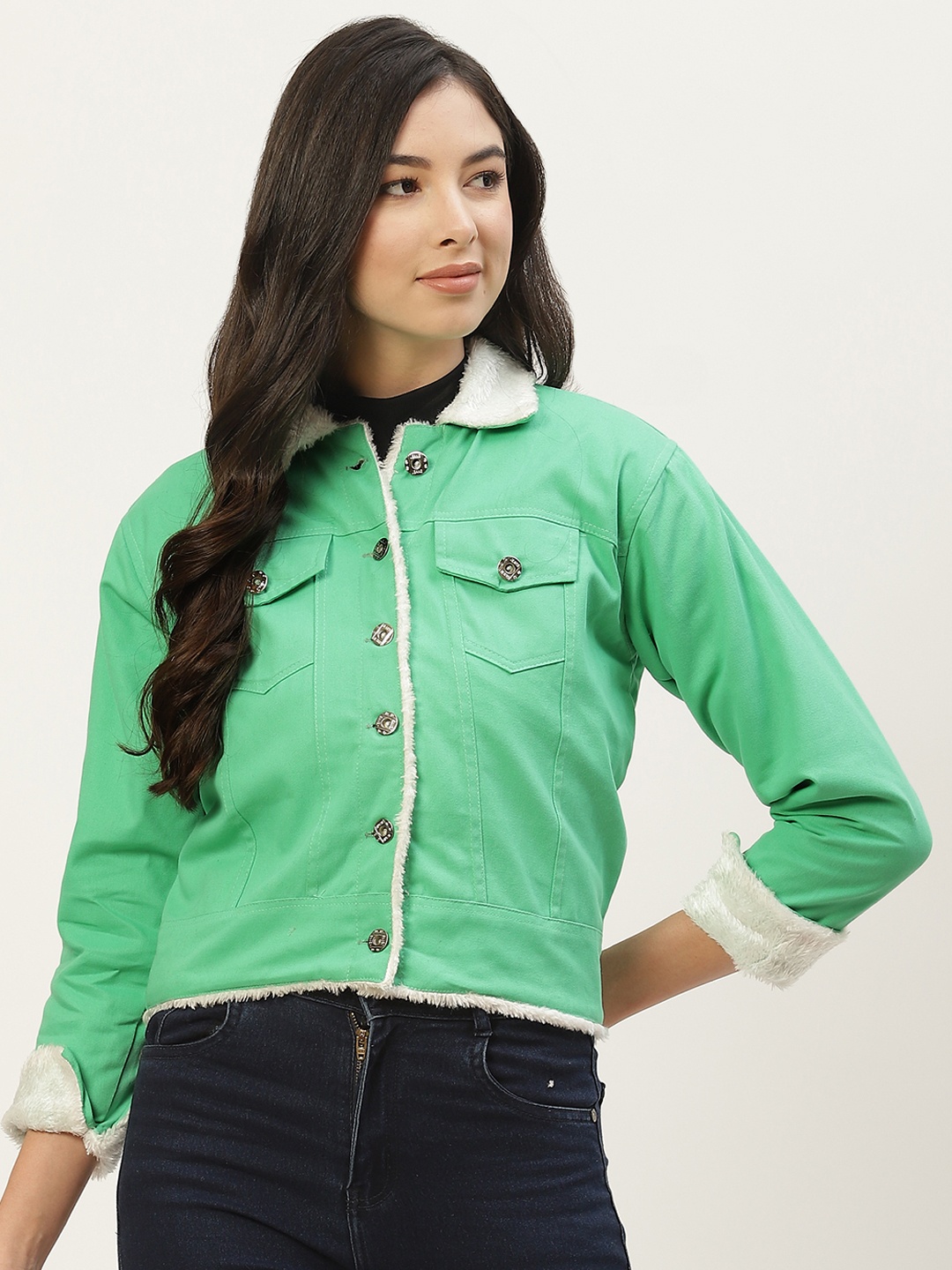 

BROOWL Women Green Insulator Denim Jacket