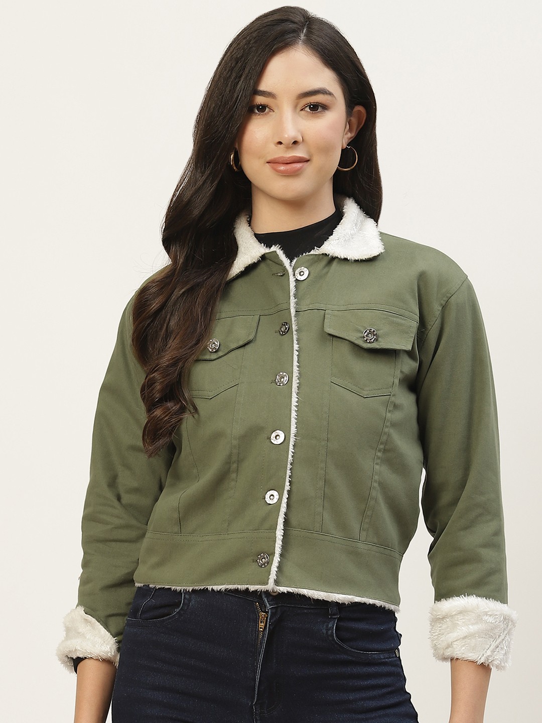 

BROOWL Women Olive Green Solid Pure Cotton Denim Jacket