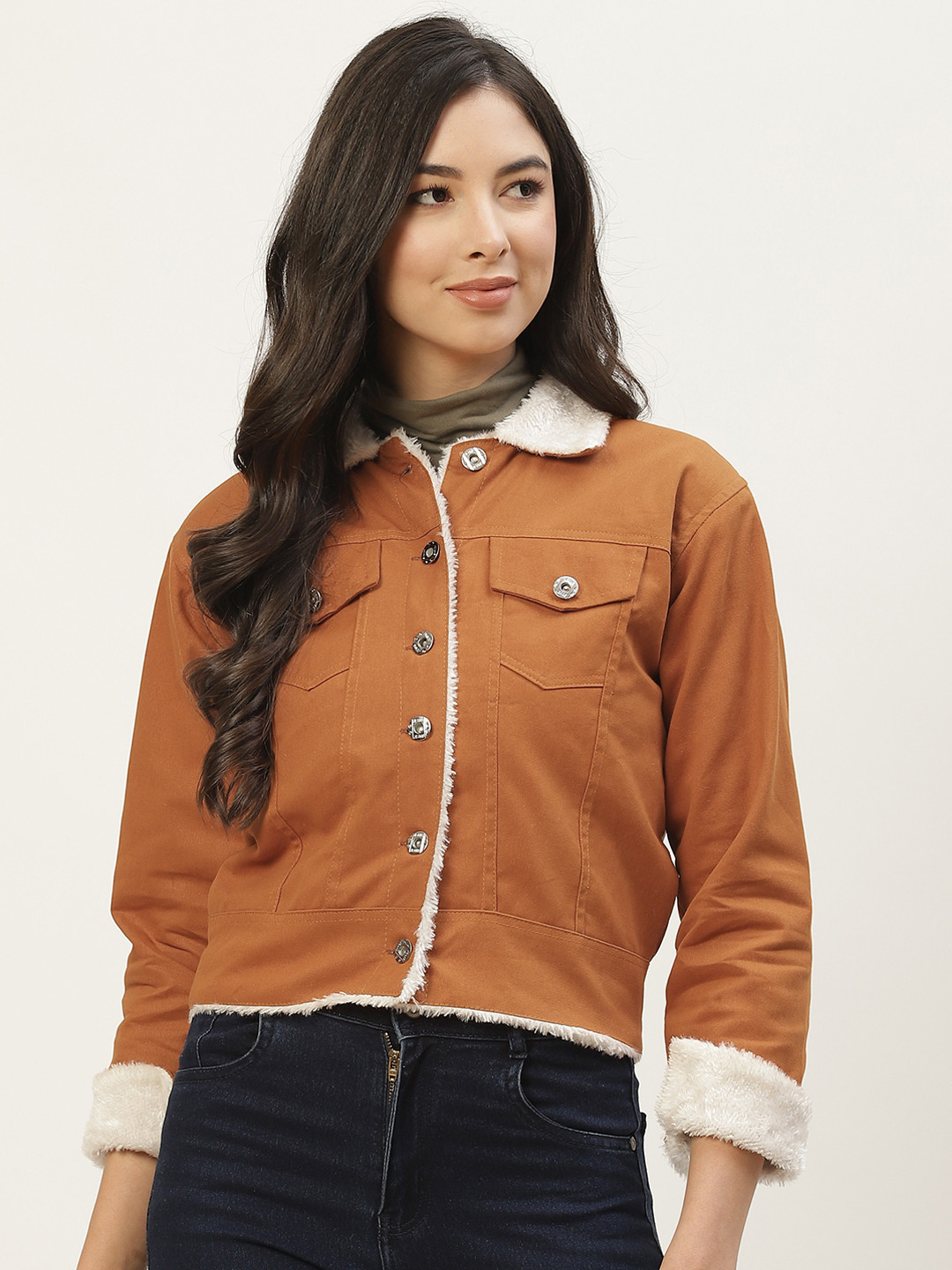 

BROOWL Women Rust Solid Pure Cotton Denim Jacket