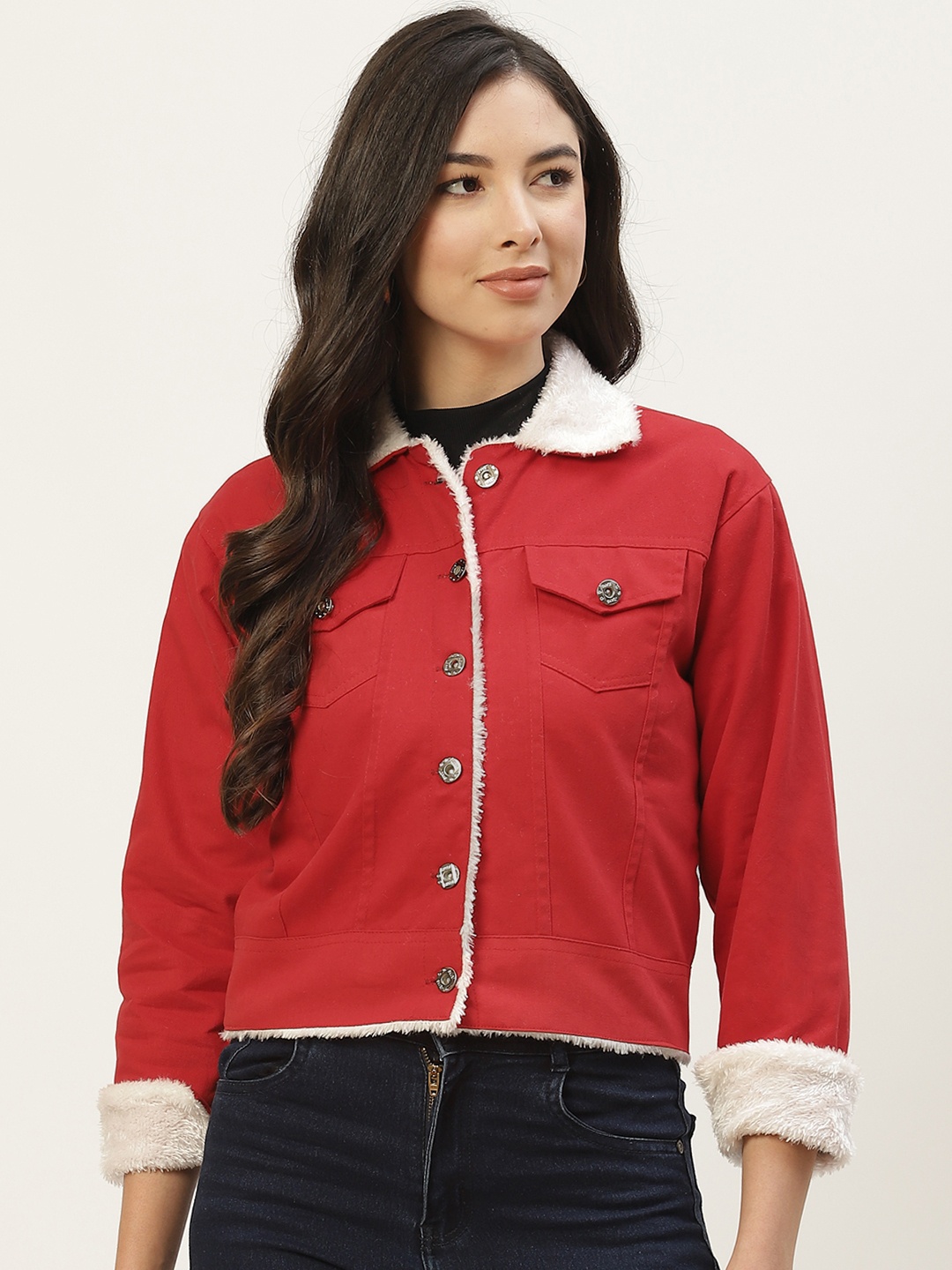 

BROOWL Women Red Solid Pure Cotton Denim Jacket