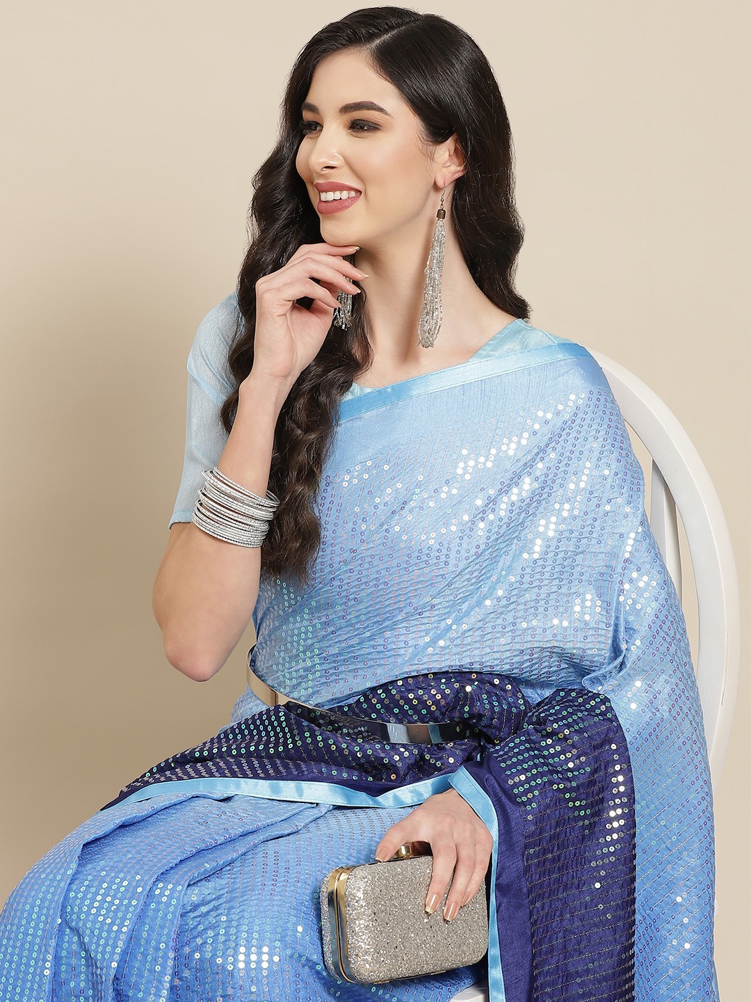 

Mitera Blue Sequinned Pure Georgette Saree