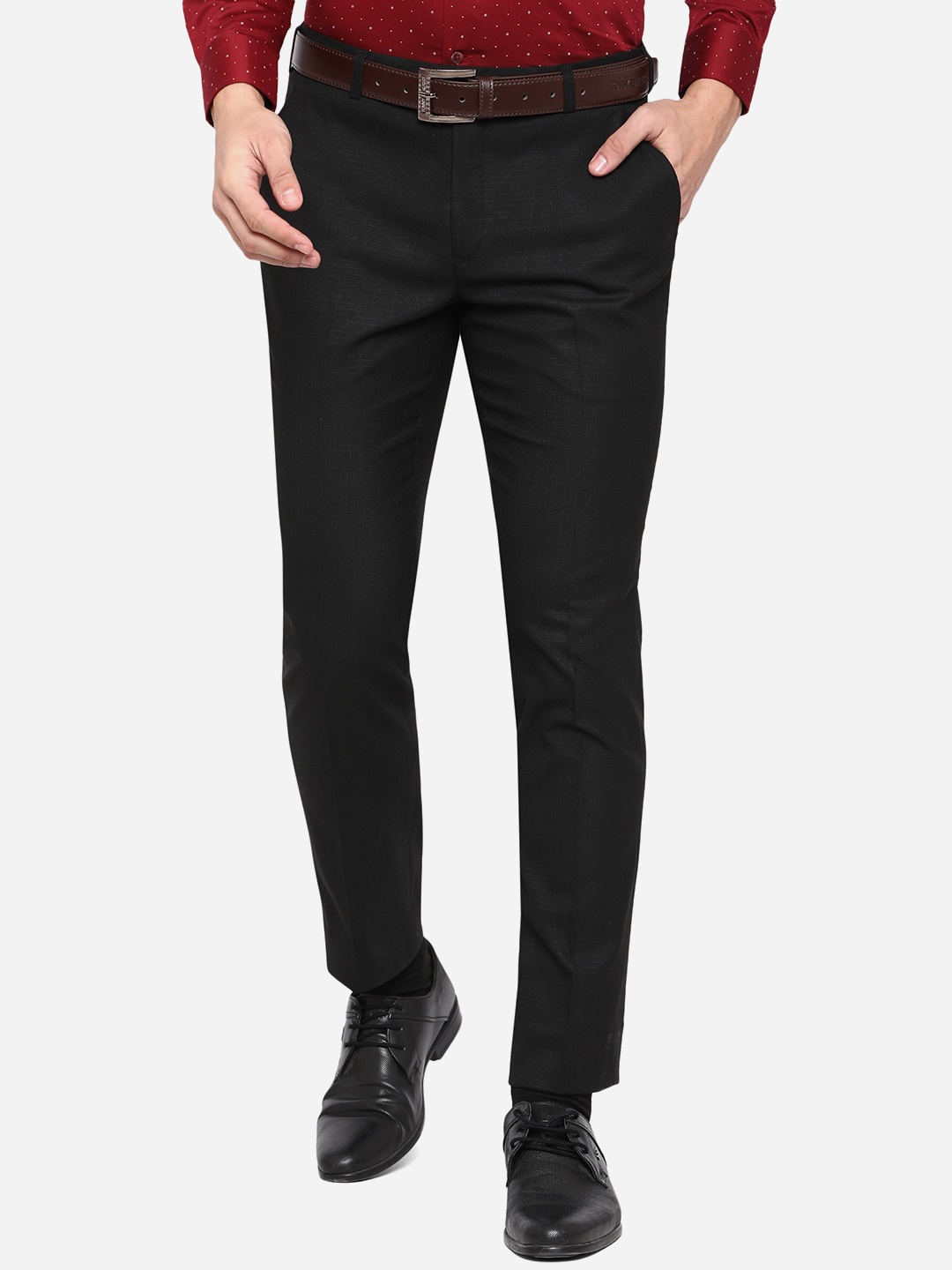 

Greenfibre Men Black Slim Fit Wrinkle Free Formal Trousers