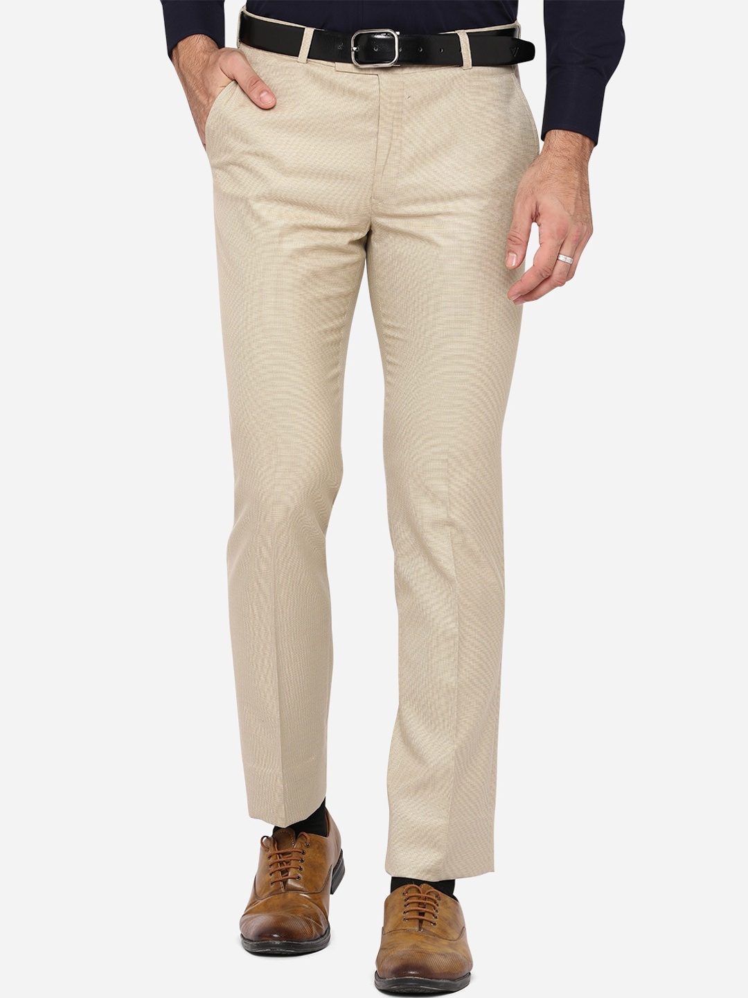 

Greenfibre Men Beige Textured Slim Fit Wrinkle Free Formal Trousers