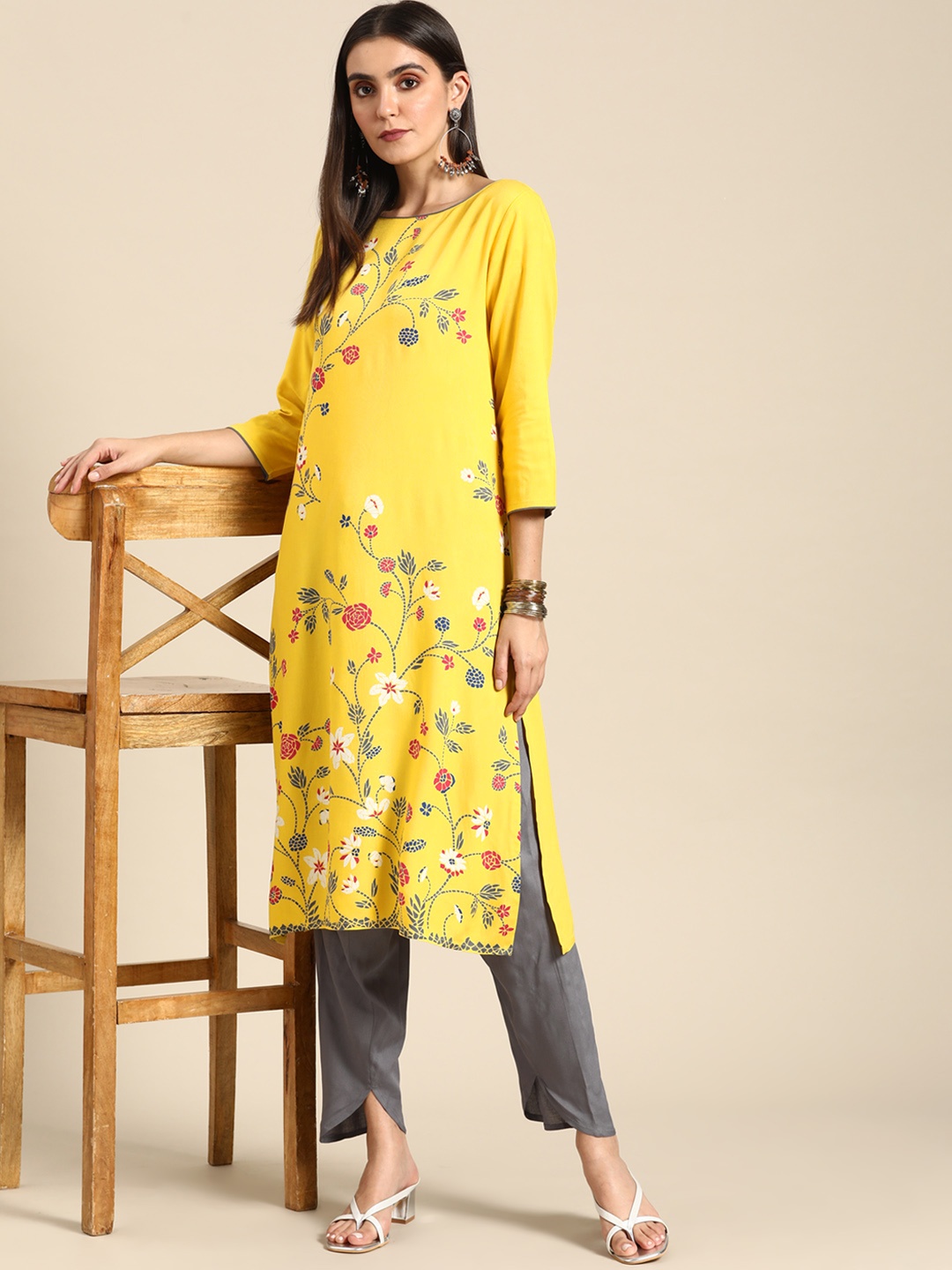 

Anouk Women Yellow & Charcoal Grey Ethnic Motifs Printed Kurta with Trousers