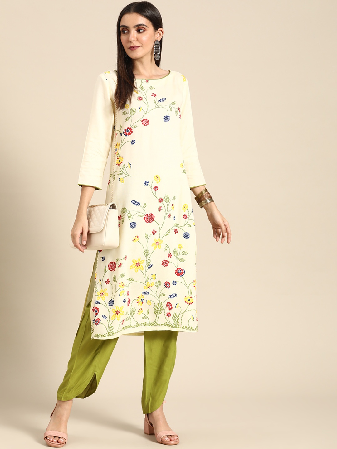 

Anouk Women Off White & Green Ethnic Motifs Printed Kurta with Trousers
