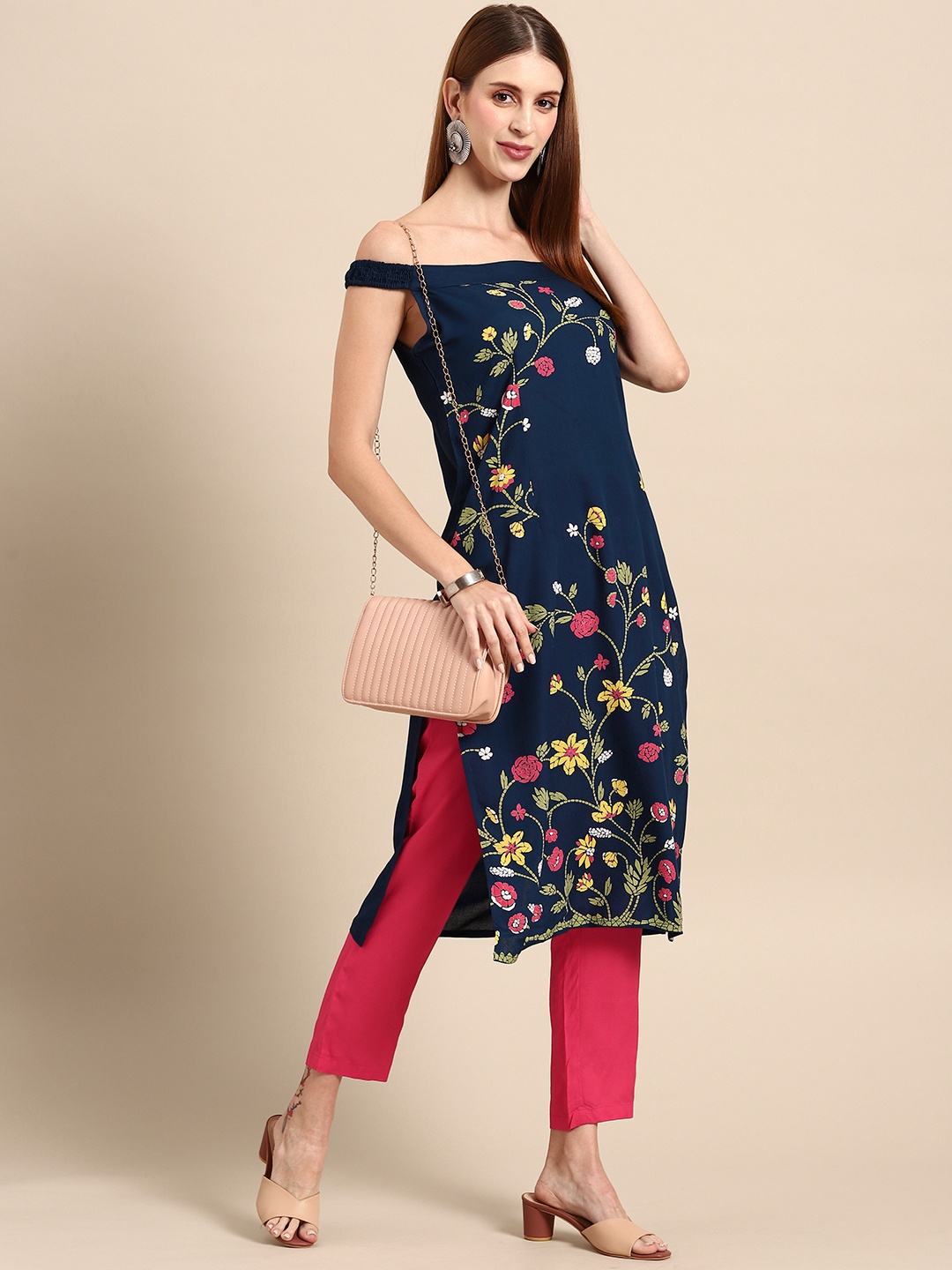 

Anouk Women Navy Blue Floral Printed Kurta with Trousers