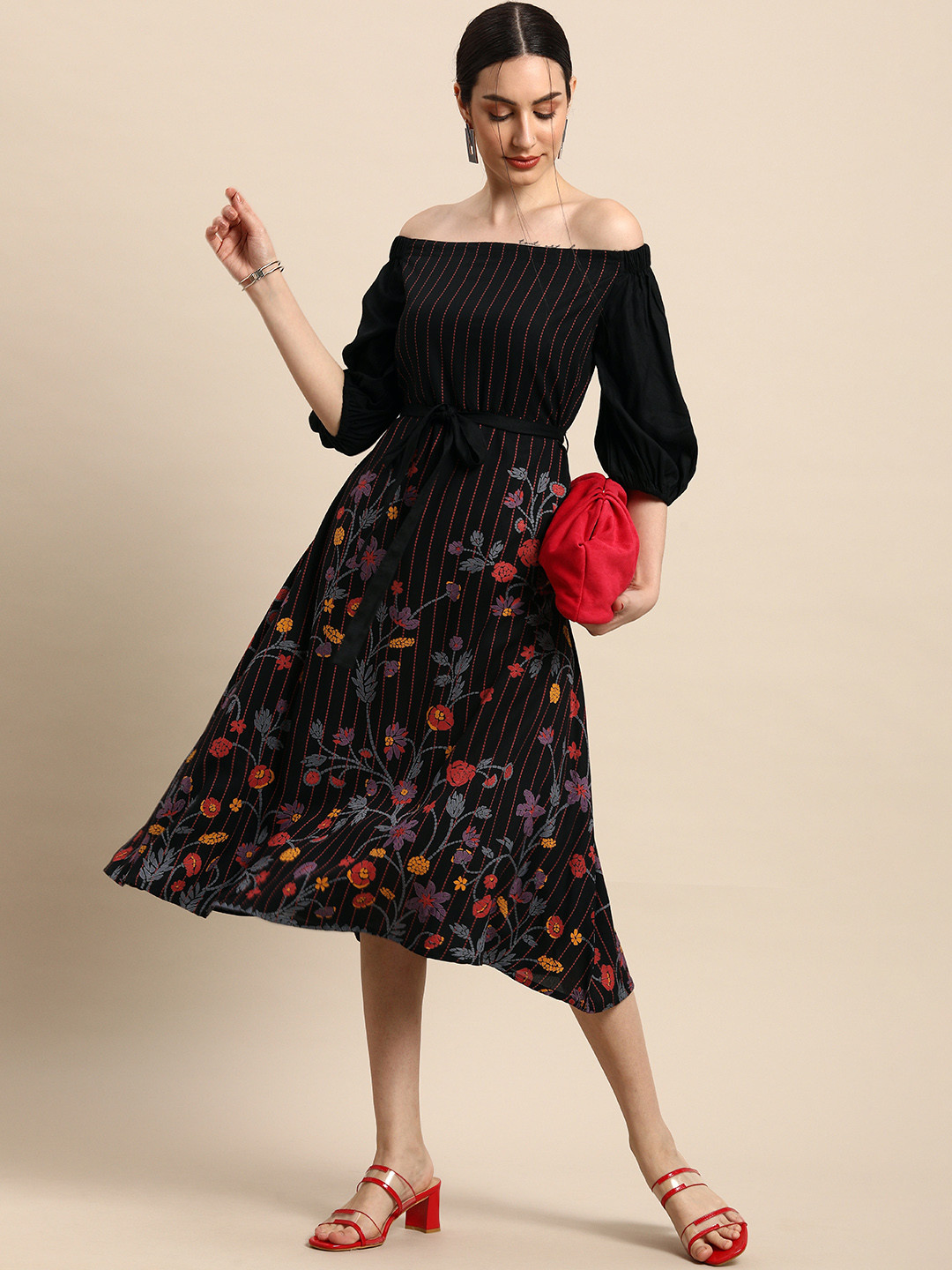 

Anouk Black & Red Floral Off-Shoulder A-Line Midi Dress