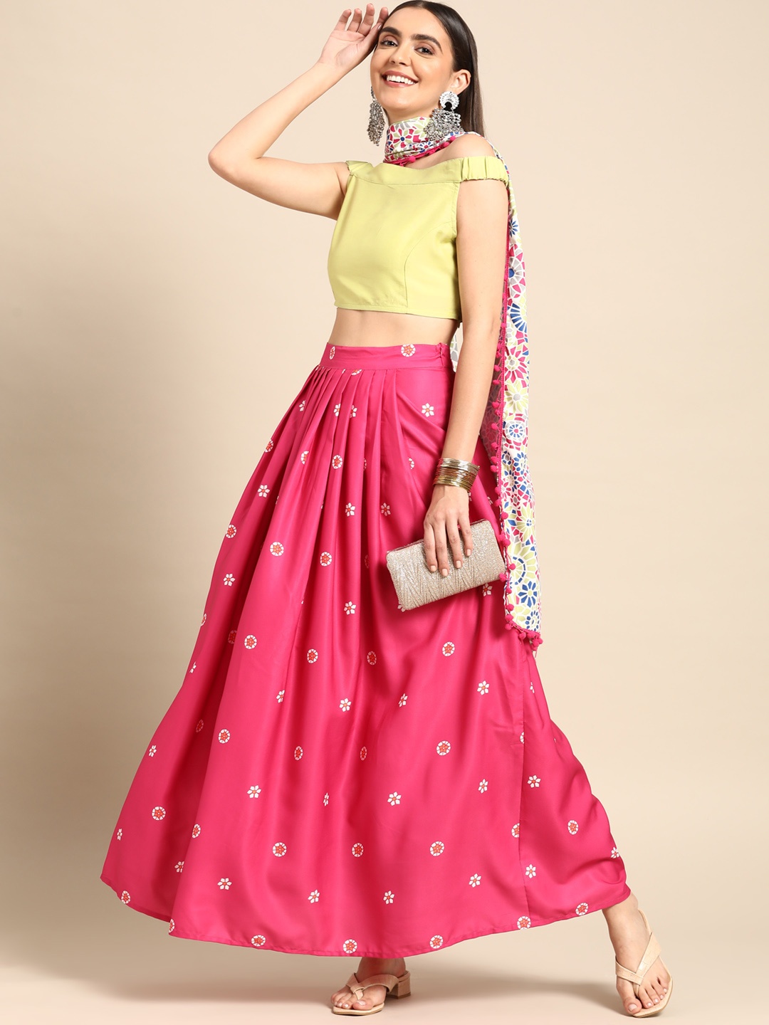 

Anouk Women Beige & Pink Floral Printed Lehenga Choli With Dupatta