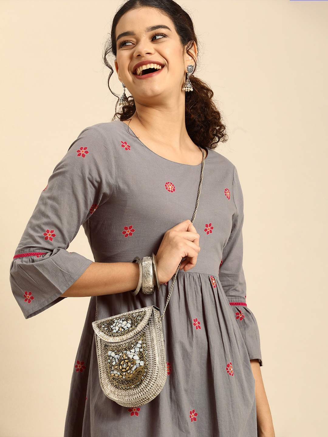 

Anouk Grey Ethnic Motifs Printed Fit N Flare Dress