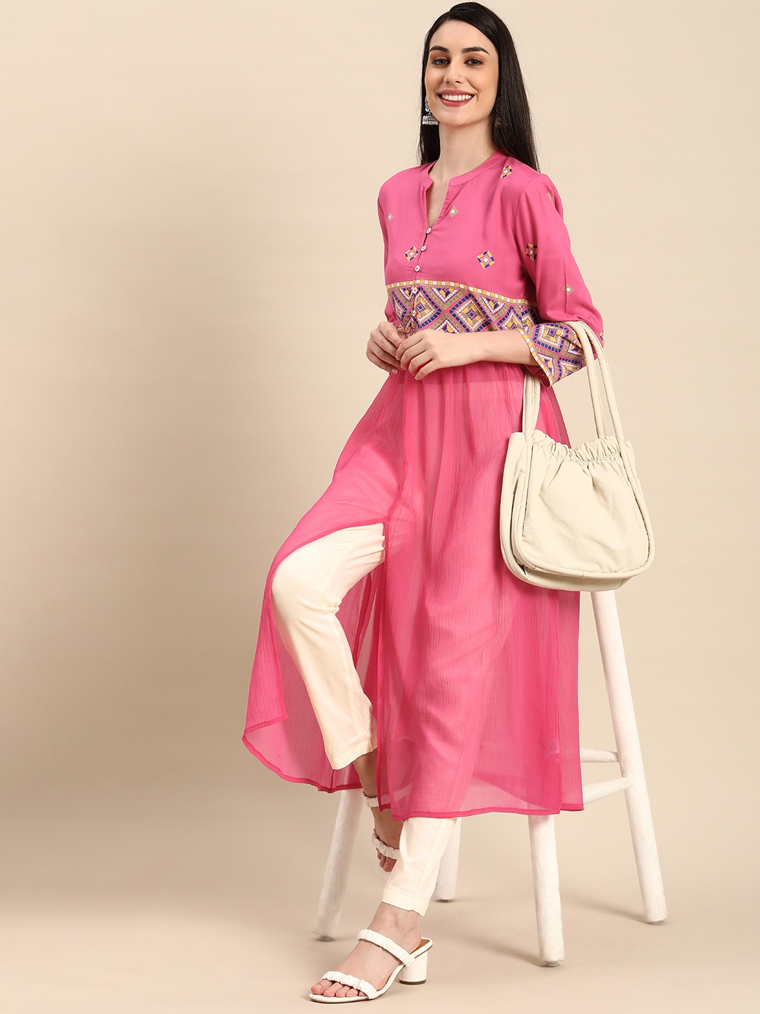 

Anouk Women Pink & Cream Printed Kurta with Trousers