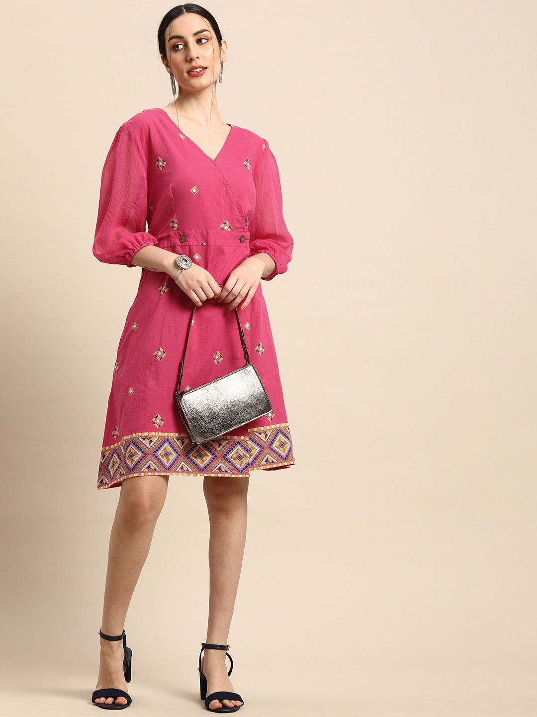 

Anouk Pink & Blue Ethnic Motifs V Neck Wrap Dress