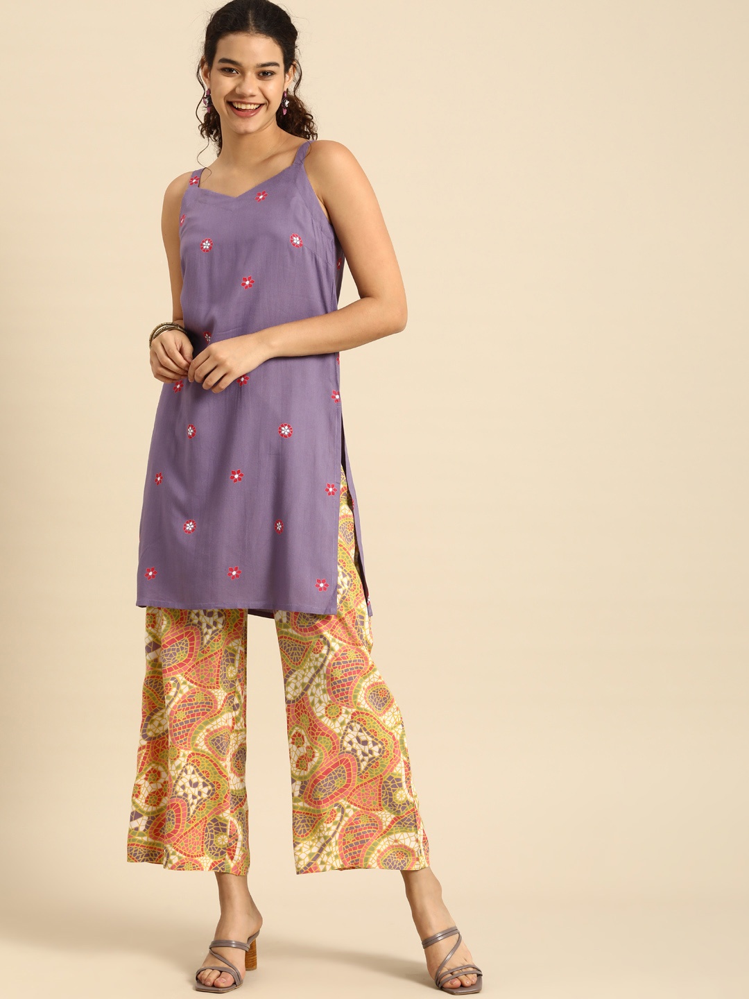 

Anouk Women Purple Ethnic Motifs Printed Kurta with Palazzos