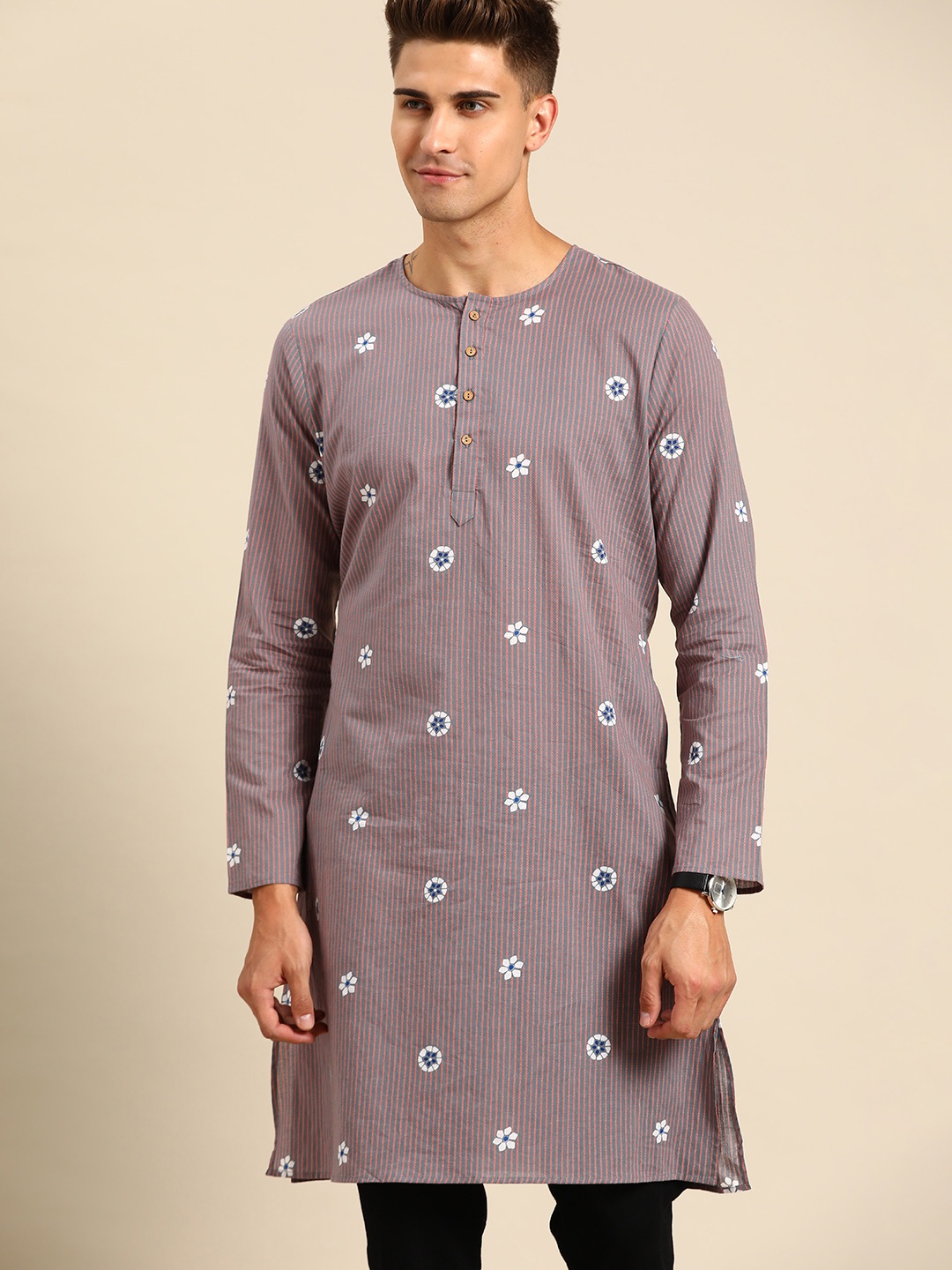 

Anouk Men Grey & Red Pure Cotton Floral Printed Floral Kurta