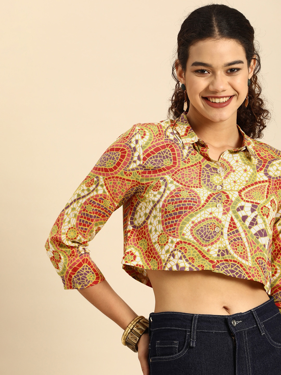 

Anouk Multicoloured Printed Blouson Crop Top, Multi