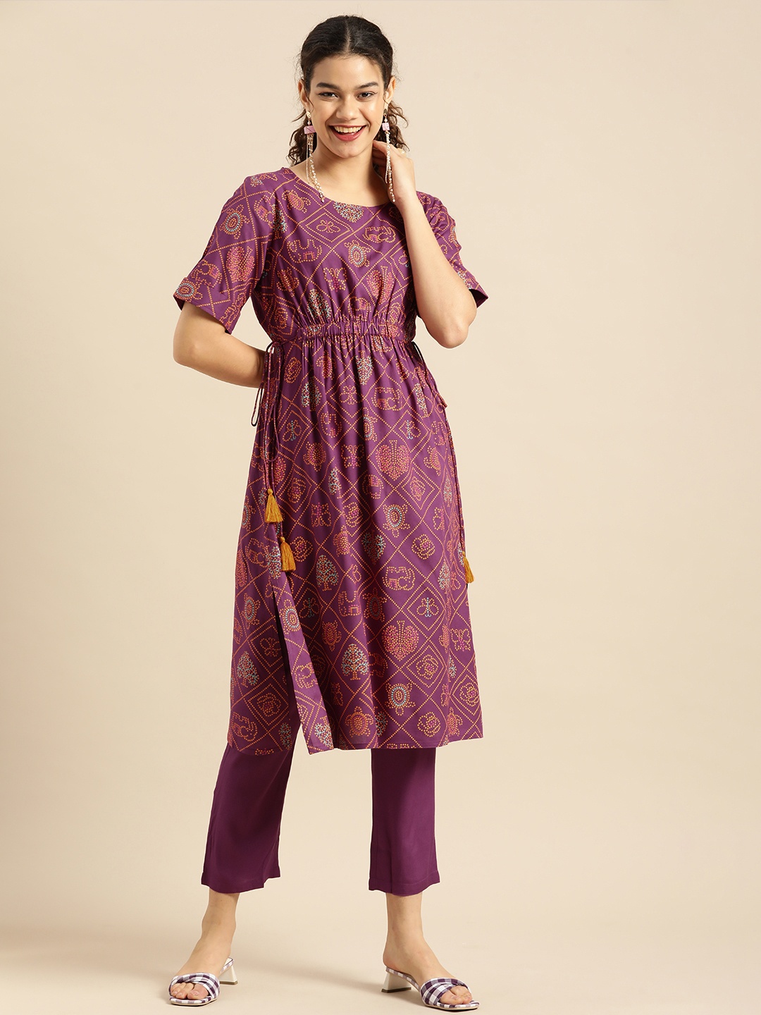 

Anouk Women Purple Ethnic Motifs Printed Empire Kurta with Trousers