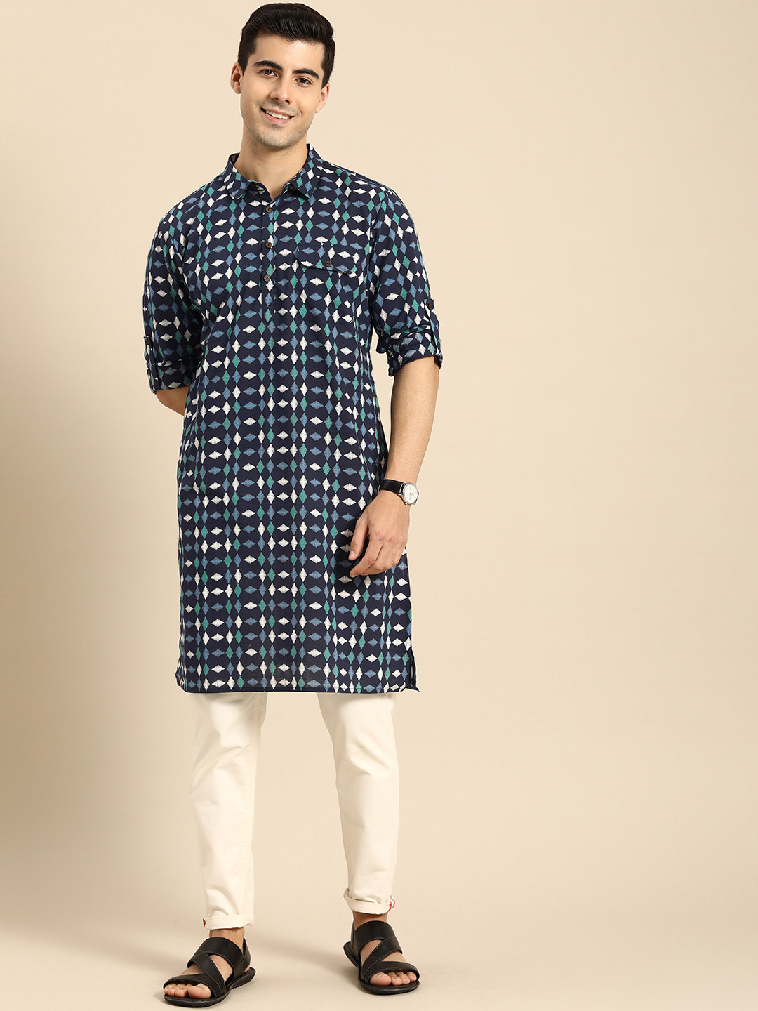 

Anouk Men Blue & White Geometric Printed Kurta