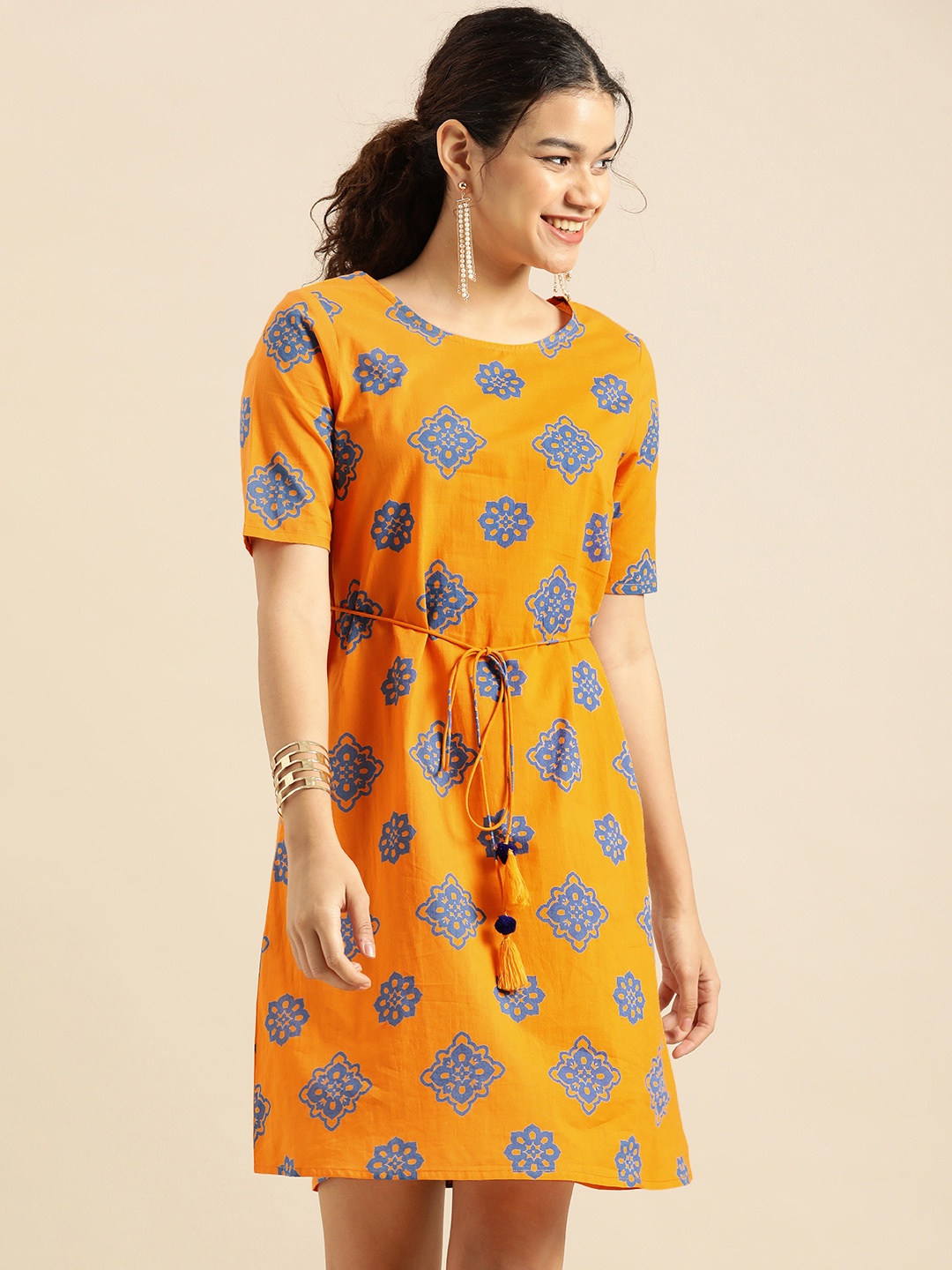 

Anouk Women Mustard Yellow & Blue Ethnic Motifs Ethnic A-Line Dress With A Belt