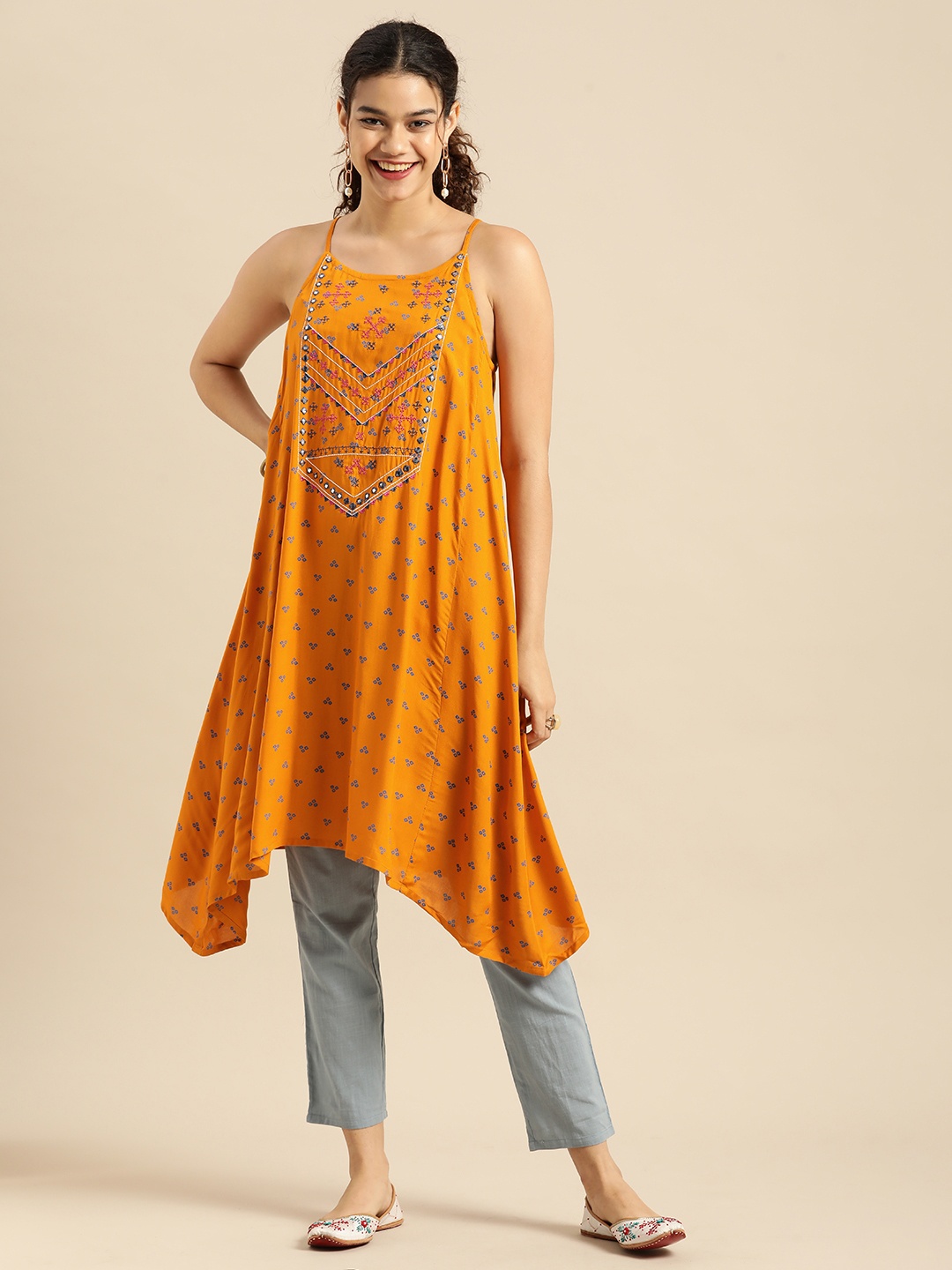 

Anouk Women Mustard Yellow & Blue Printed Kurta