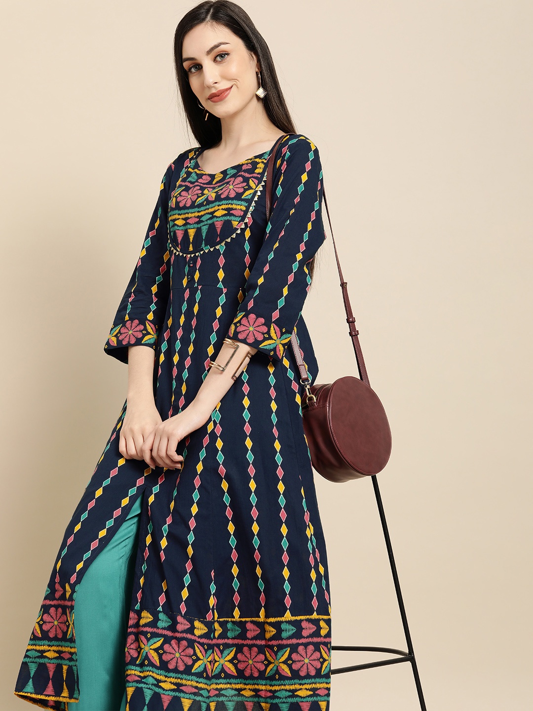 

Anouk Women Navy Blue & Yellow Geometric Printed Pure Cotton Anarkali Kurta