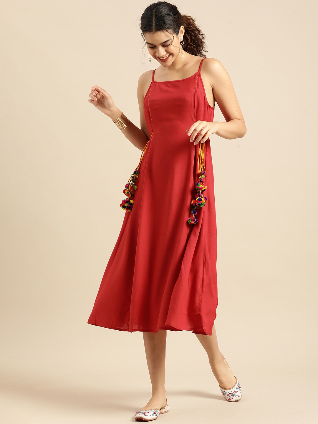 

Anouk Women Red Sleeveless Fit And Flared Ethnic Midi Dress With Pom-Pom Detail