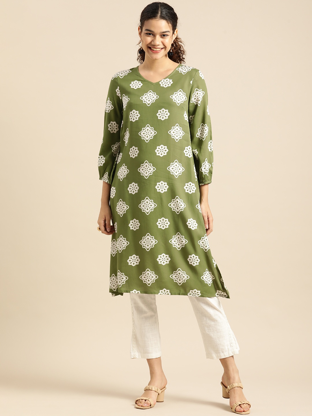 

Anouk Women Olive Green & White Ethnic Motifs Printed Straight Kurta