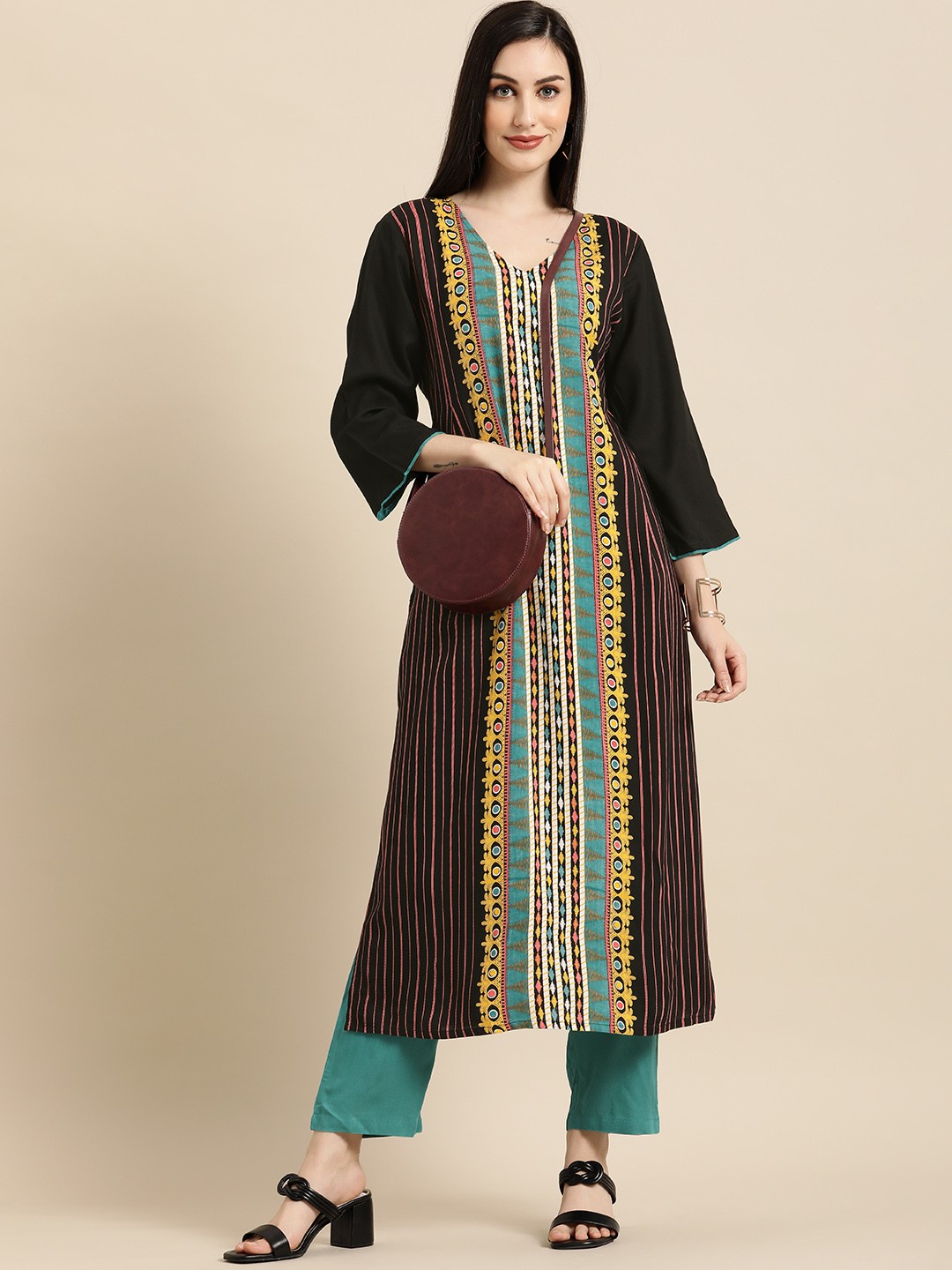 

Anouk Women Pink & Blue Striped Round Neck Kurta with Trousers