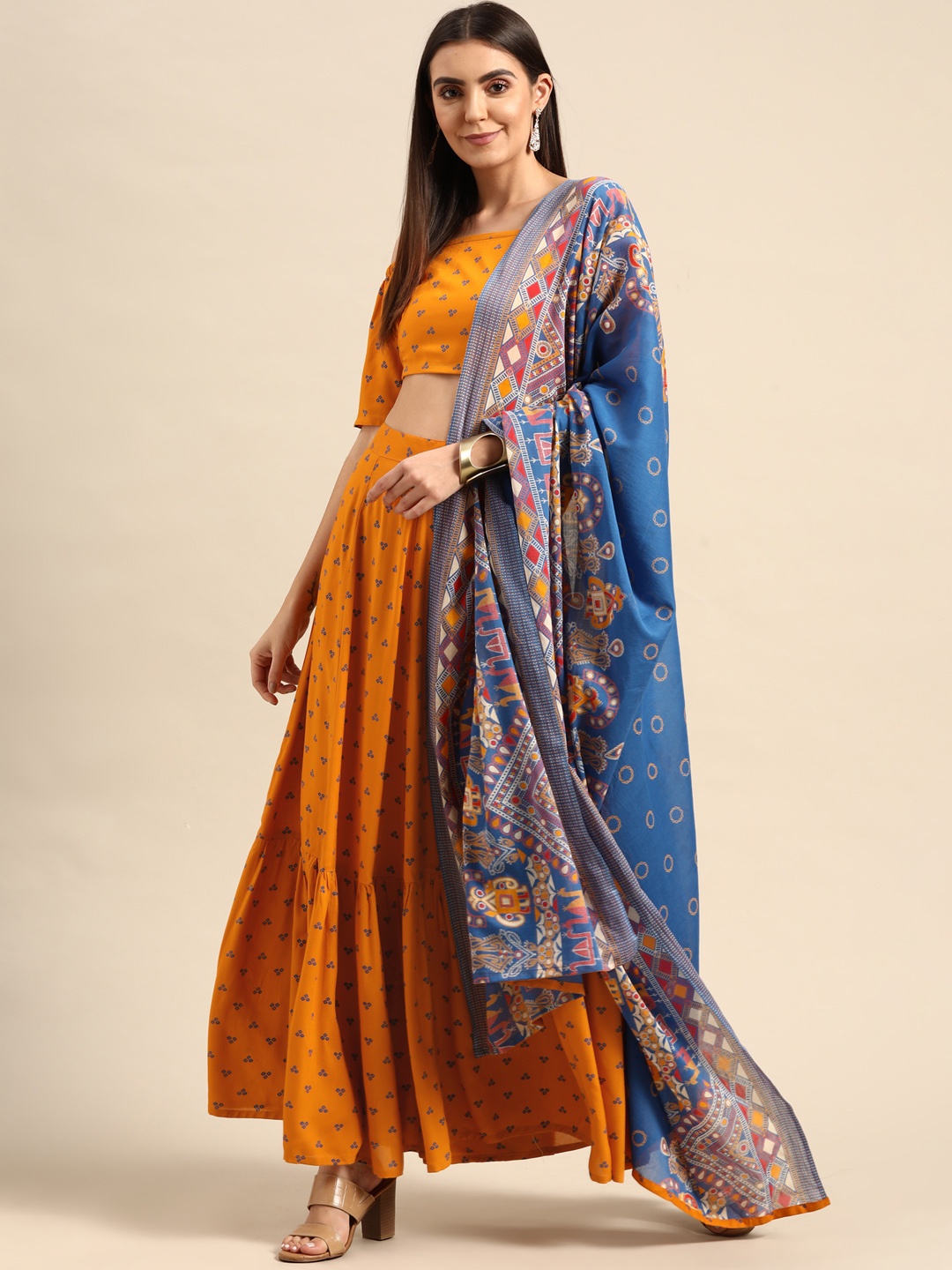 

Anouk Mustard Orange & Blue Bandhini Ready to Wear Fusion Lehenga & Blouse With Dupatta