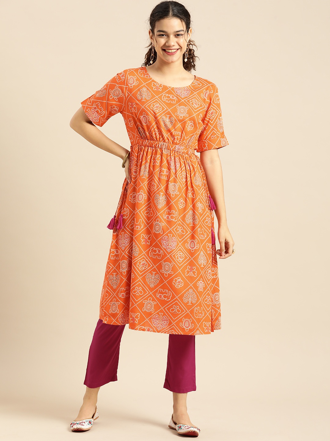 

Anouk Women Orange & Purple Ethnic Motifs Printed A-Line Kurta with Trousers