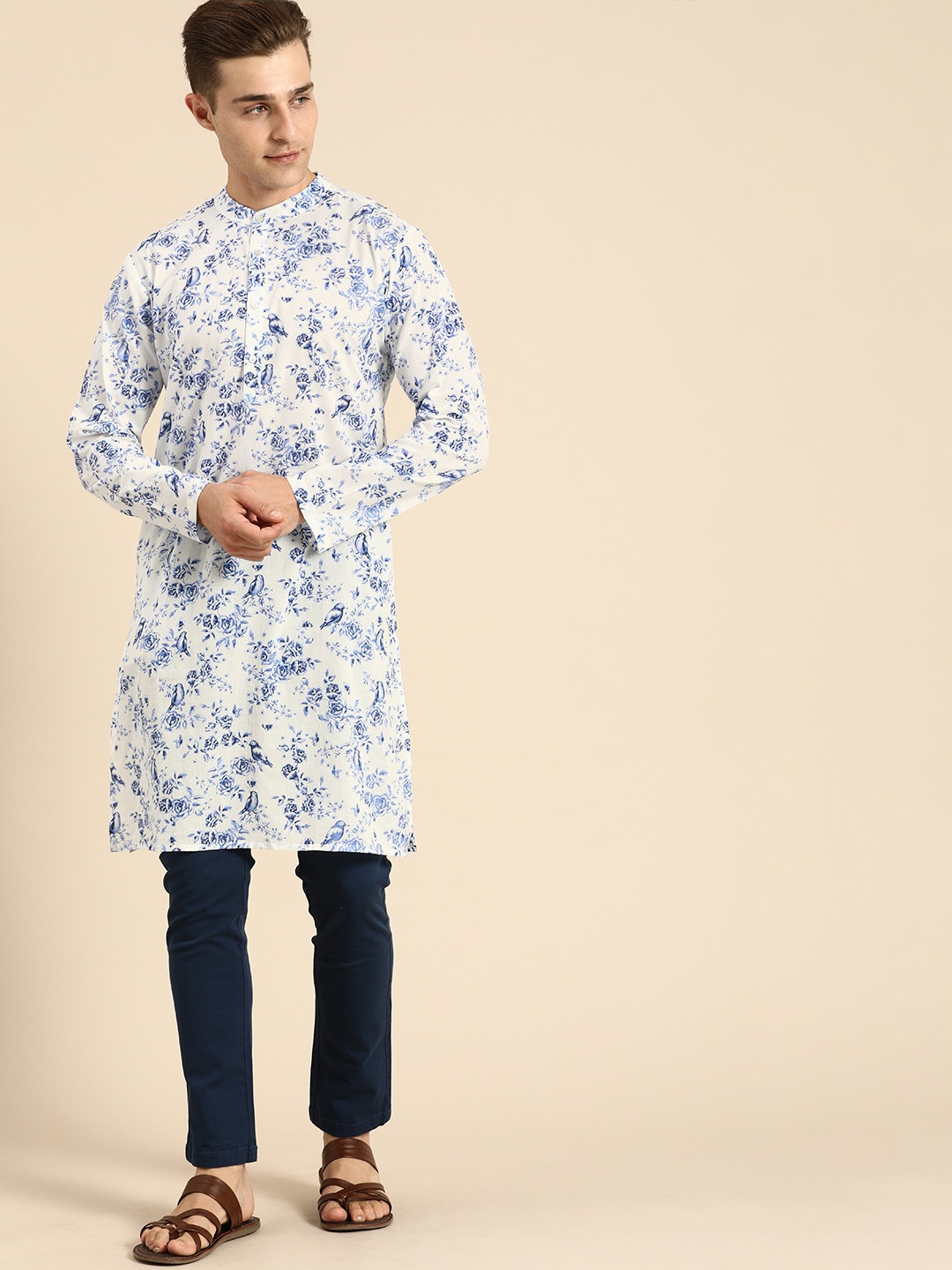 

Anouk Men White & Blue Floral Printed Mandarian Collar Pure cotton Kurta