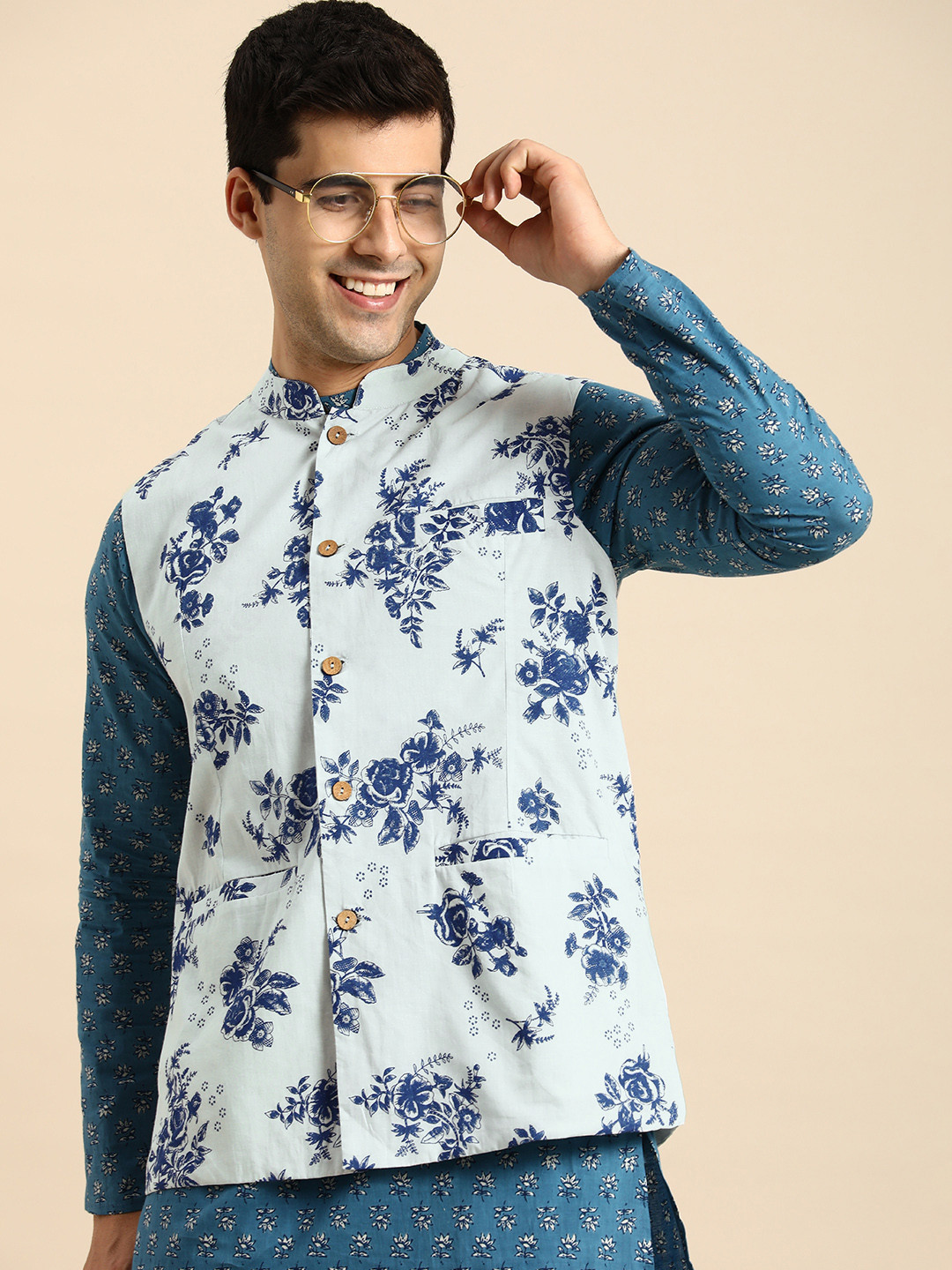 

Anouk Men Blue Floral Printed Pure Cotton Nehru Jacket